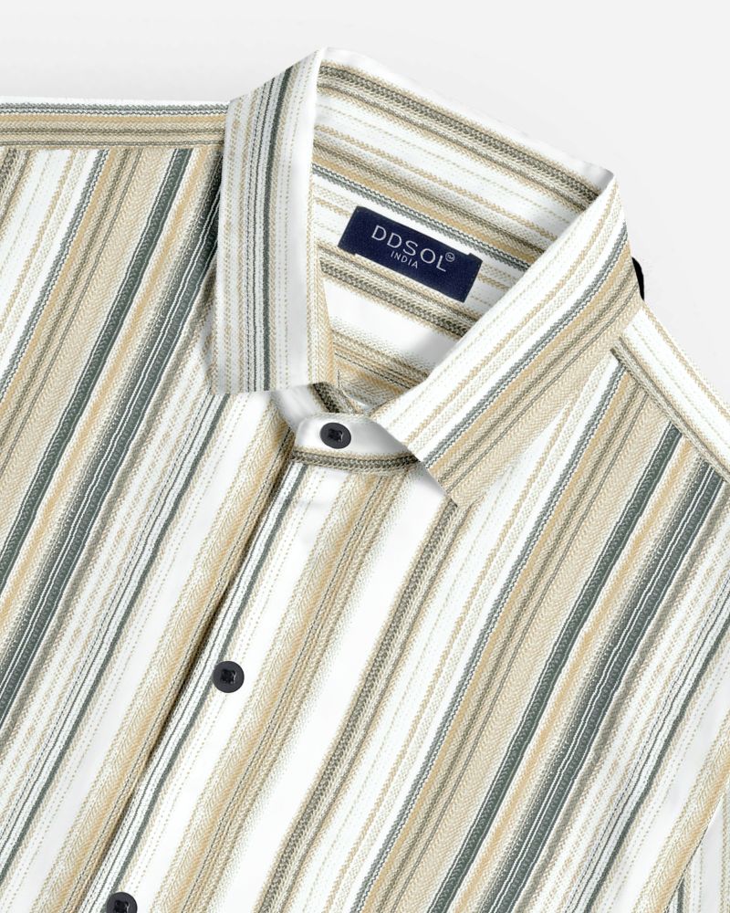 Back side of men's vertical stripe shirt in olive and beige tones with yoke panel, textured cotton finish and short sleeves