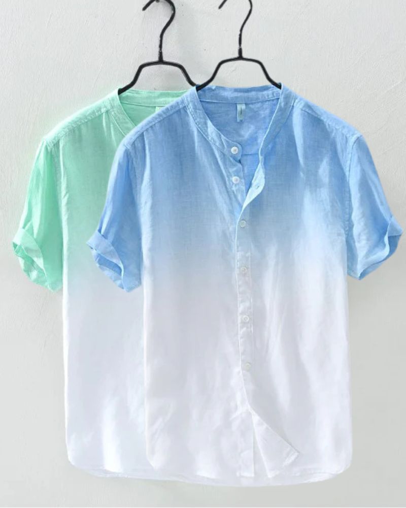 Aqua Green Ombre Shirt with Mandarin Collar and Short Sleeves