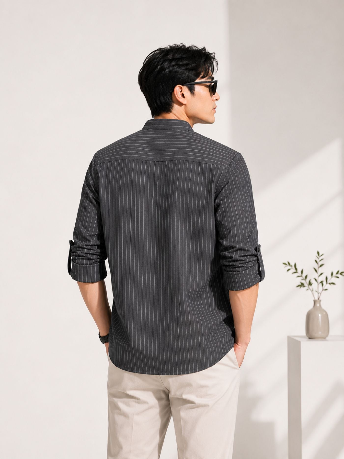 Back View of The Rajwada Pinstripe Kurta Shirt Charcoal Grey Premium Kurta Shirt