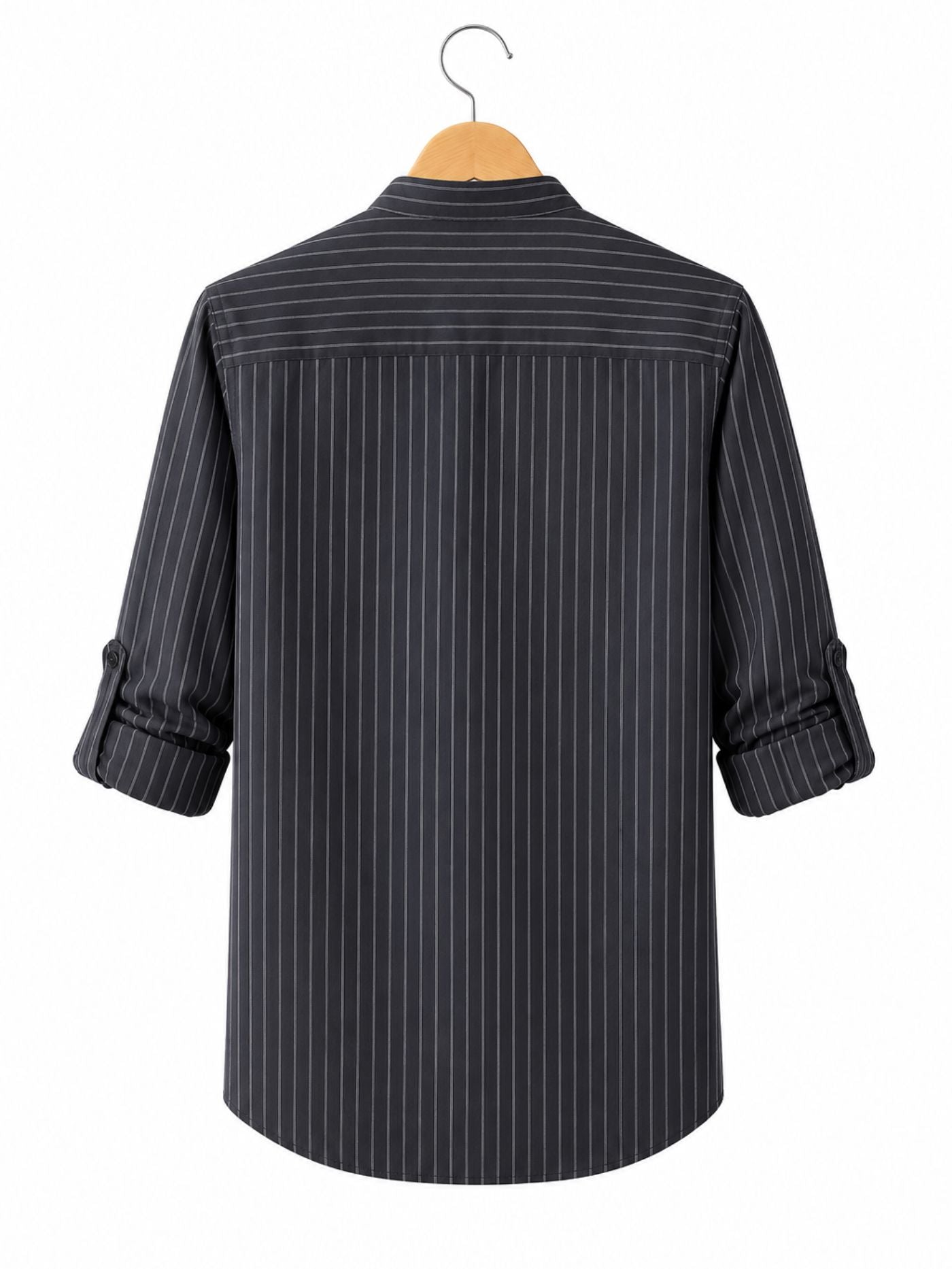 Back View of The Rajwada Pinstripe Kurta Shirt Charcoal Grey on Hanger
