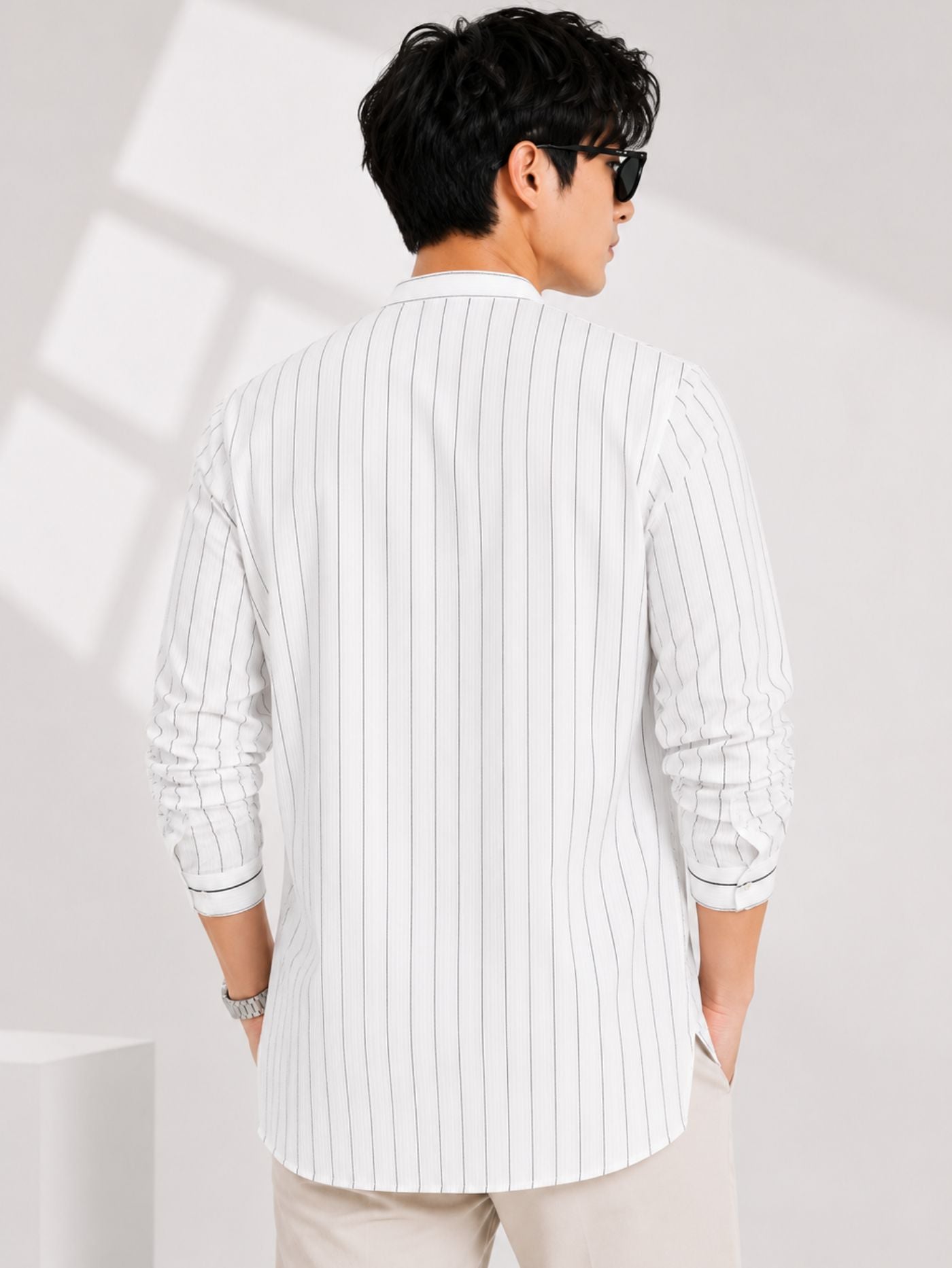 Back View of The Rajwada Pinstripe Kurta Shirt White Premium Kurta Style Shirt