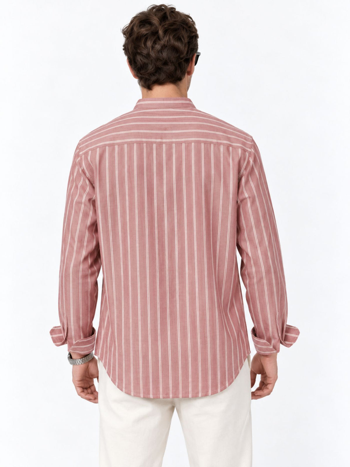 Back view of Veer striped kurta shirt showing horizontal-striped shoulder yoke and curved hem.