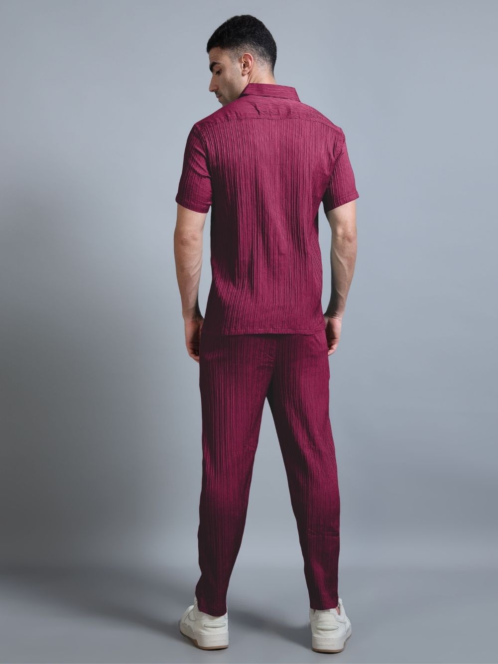 Back view of Wine Red Textured Cord Set for men