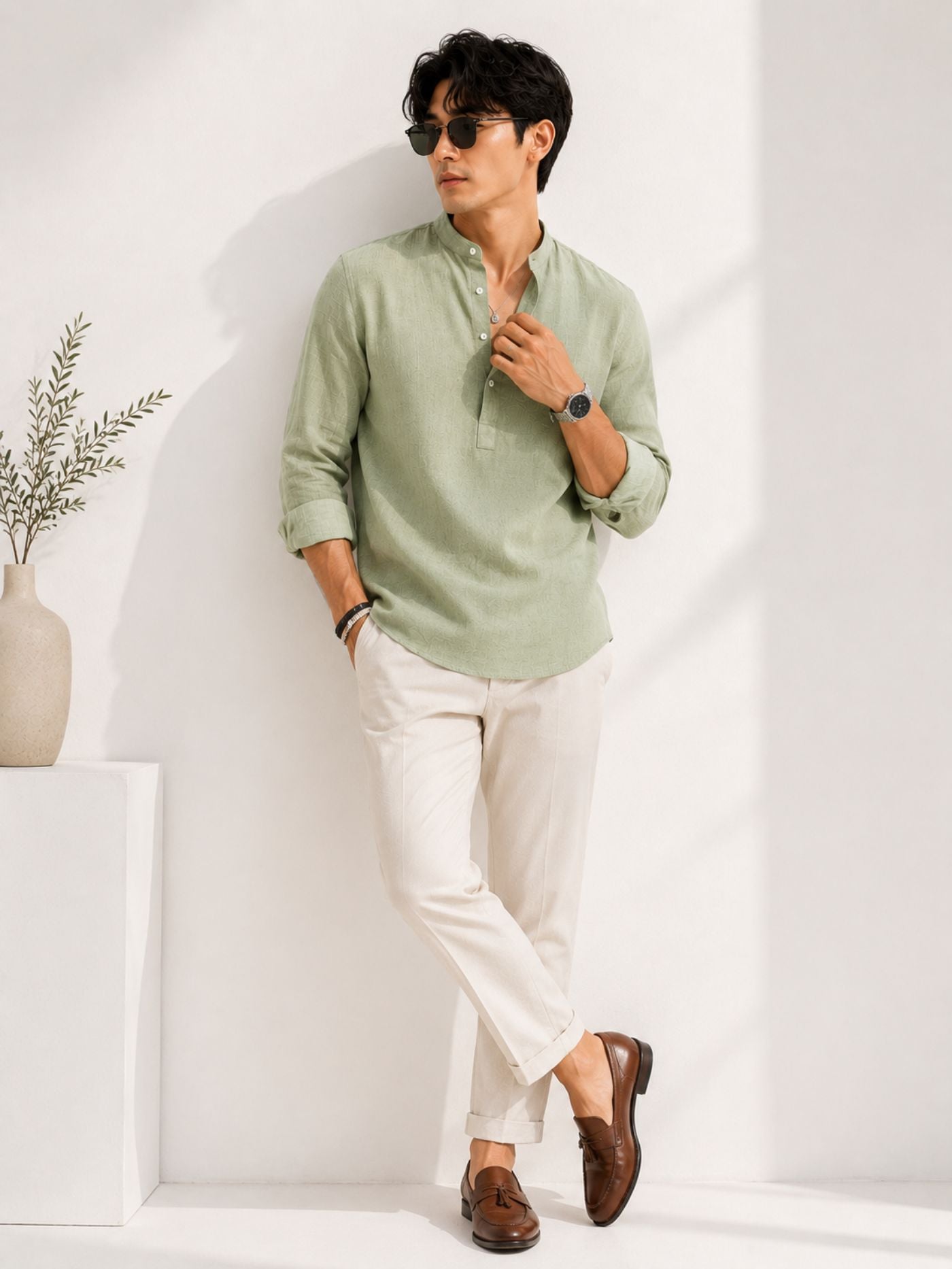 Band Collar Sage Green Cotton Shirt