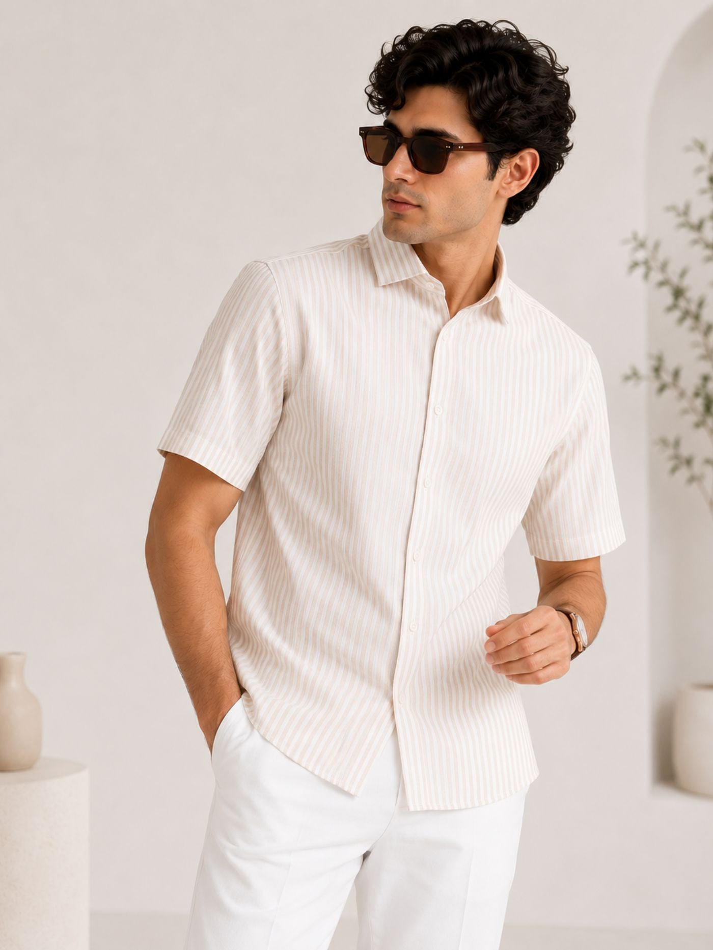 Beige Breeze Shirt front view with subtle beige pinstripes