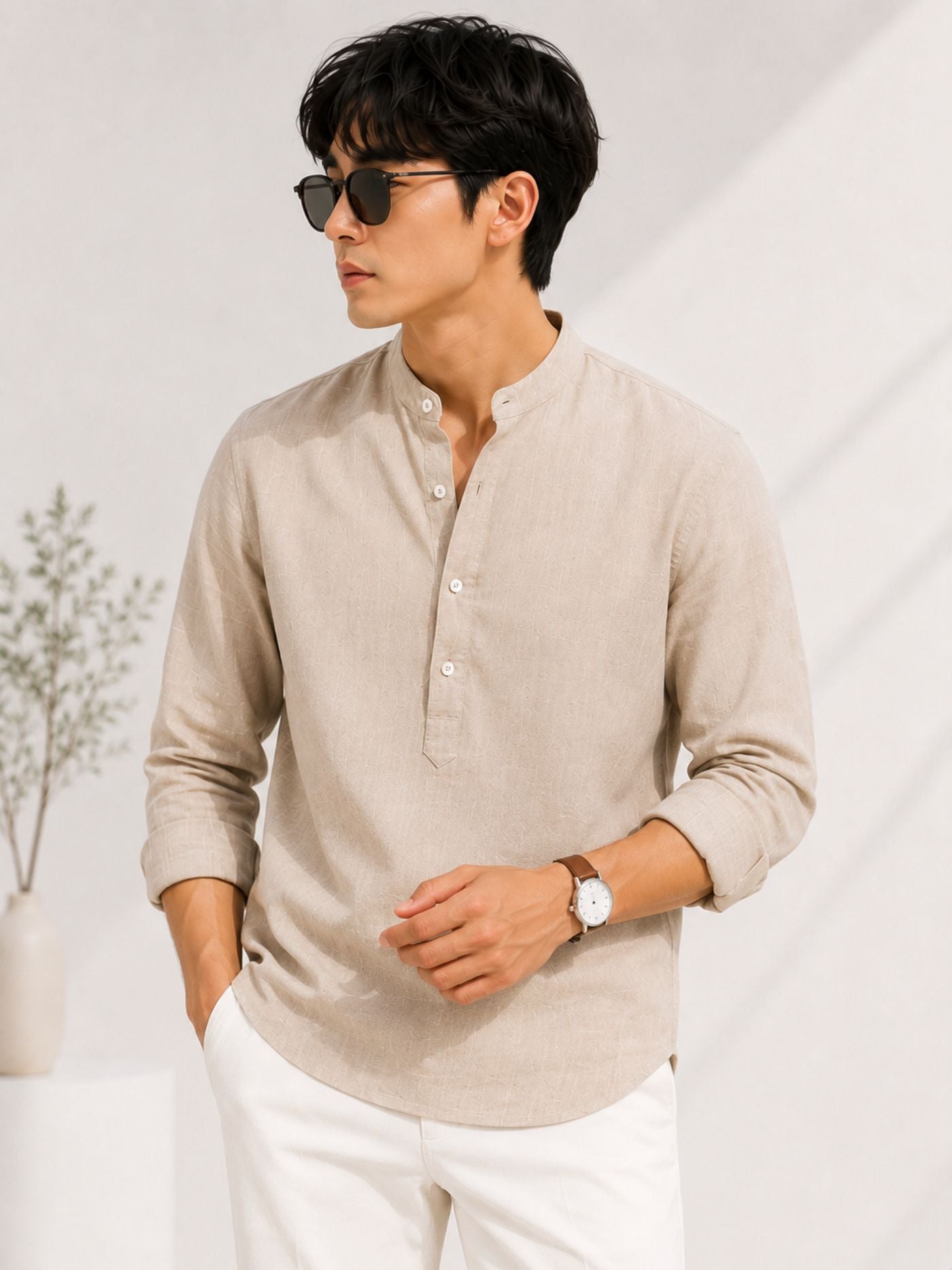 Beige Pure Cotton Kurta Shirt for Men Paired with White Trousers and Sneakers