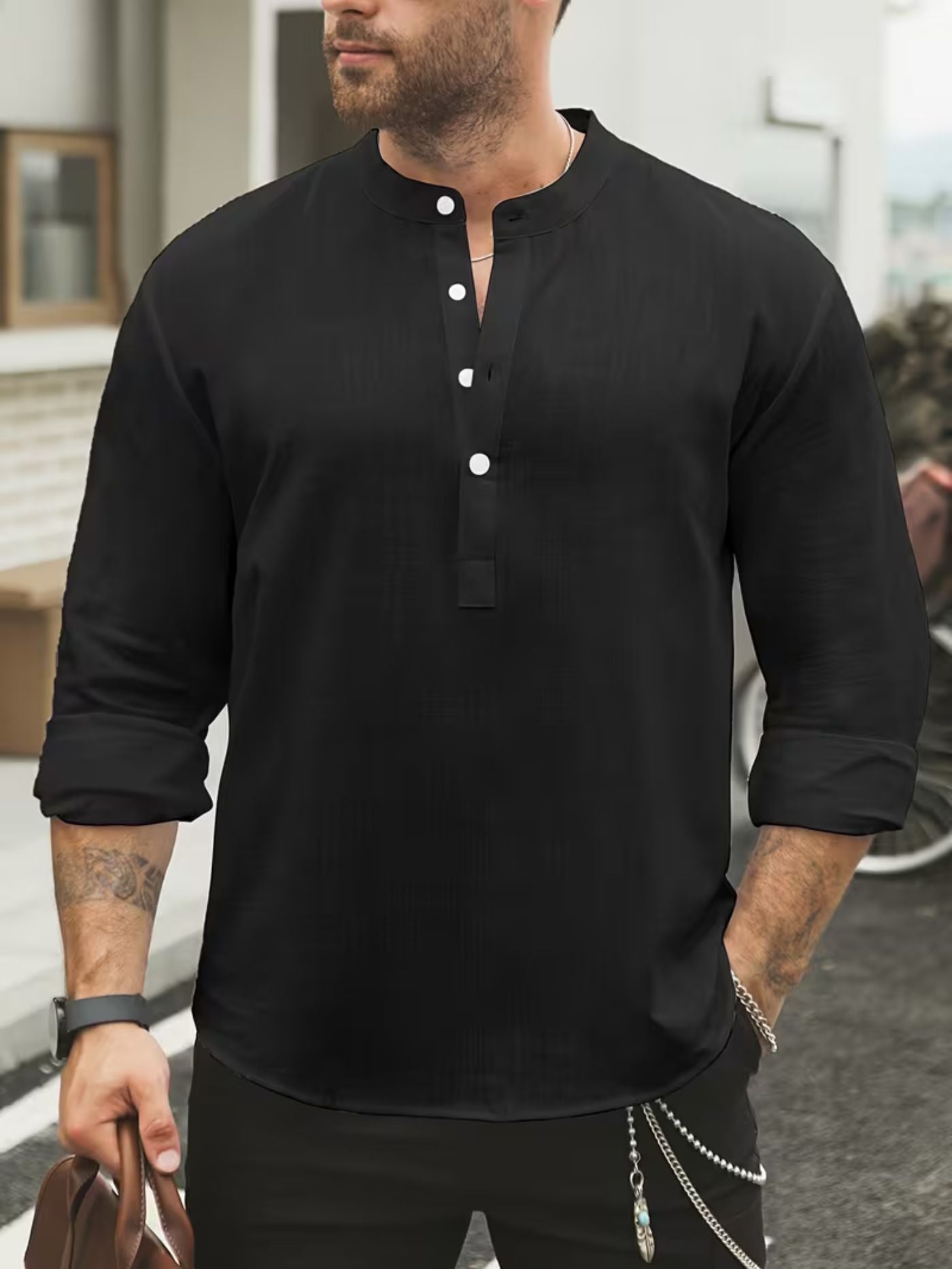 Black mandarin collar breathable shirt for men