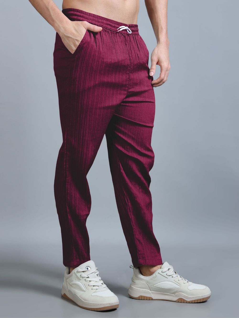 Casual streetwear look in Wine Red Textured Cord Set