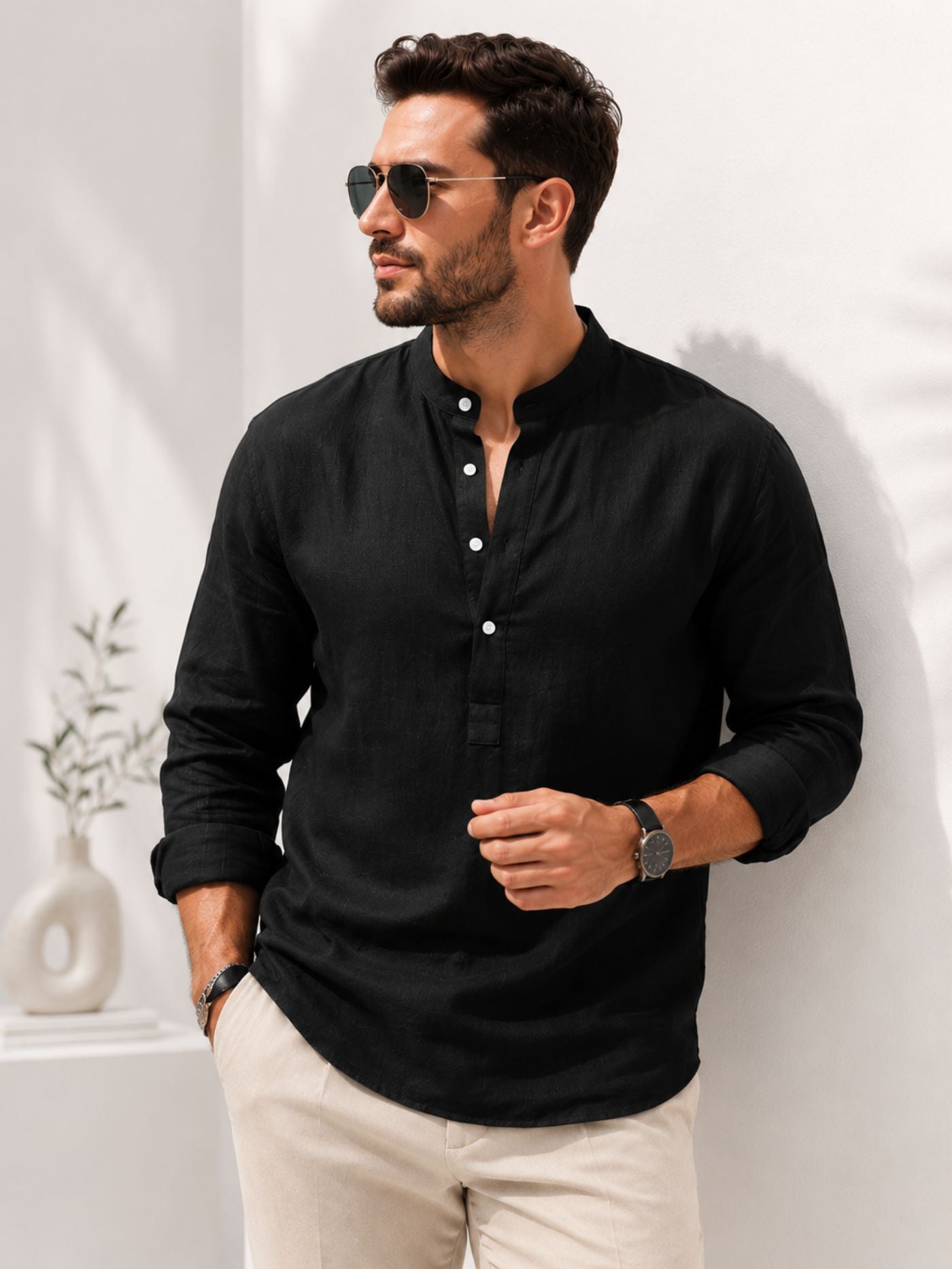 Midnight Drift Black Mandarin Collar Shirt for Men featuring linen-inspired textured fabric, paired with beige trousers and black loafers for premium smart-casual styling.