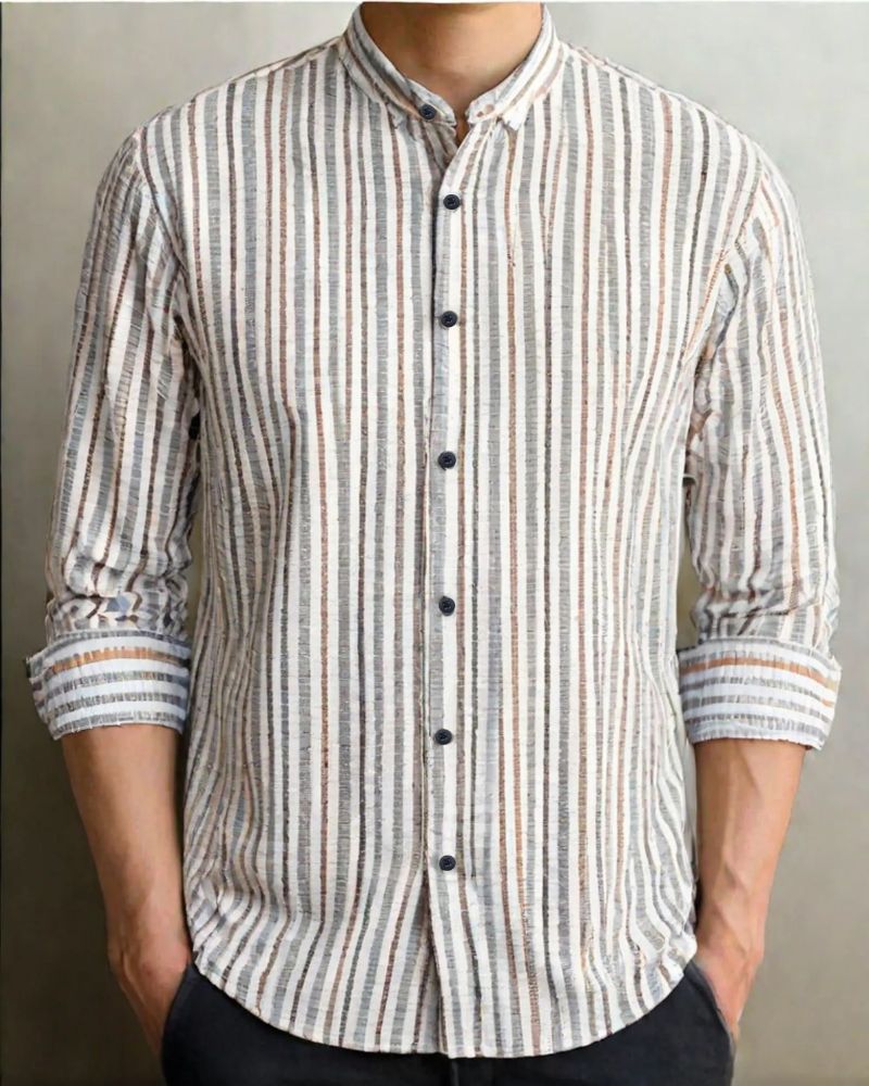 Men's Cream Mandarin Collar Vertical Striped Shirt