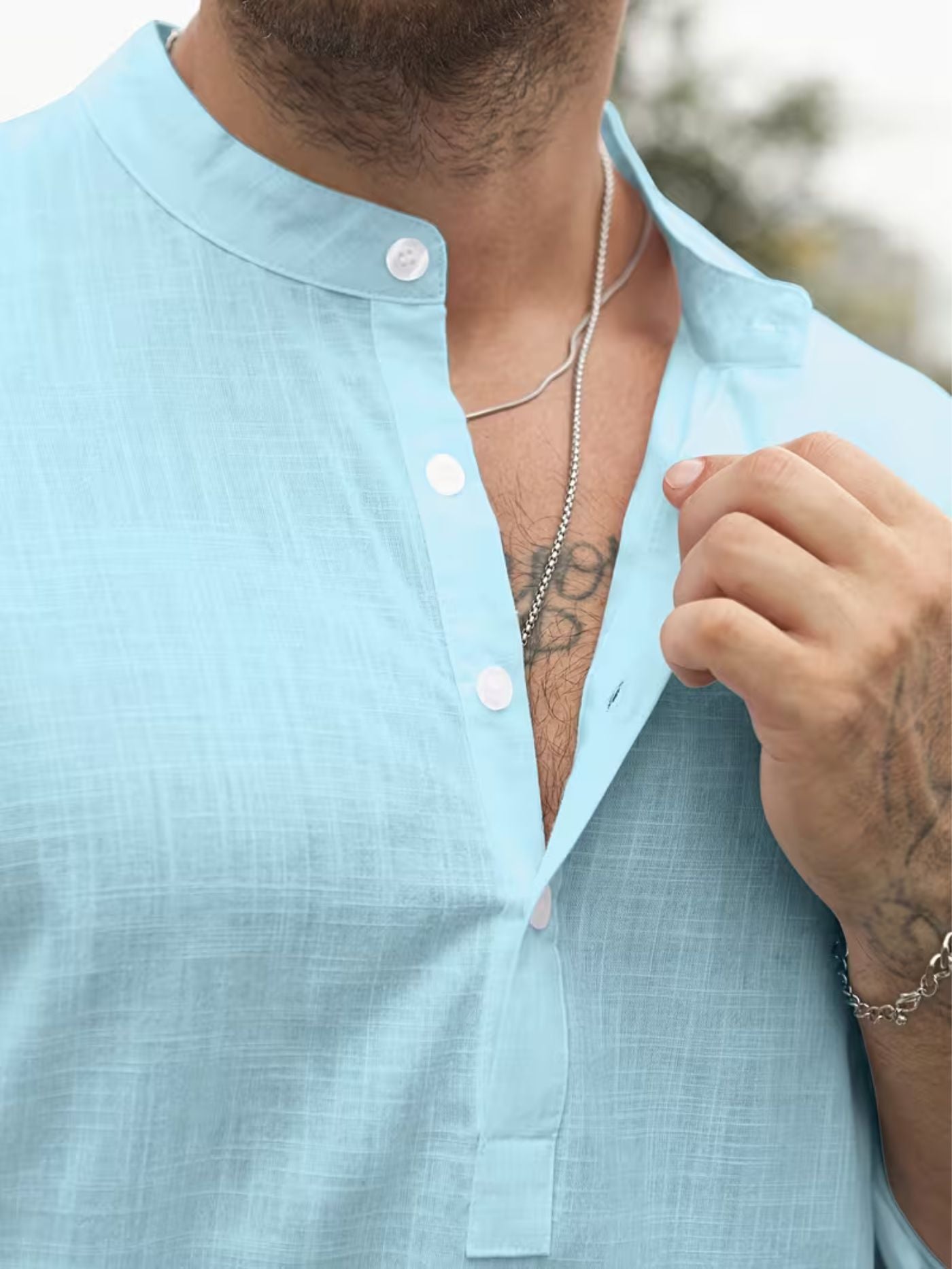 Close-up collar detail blue performance shirt