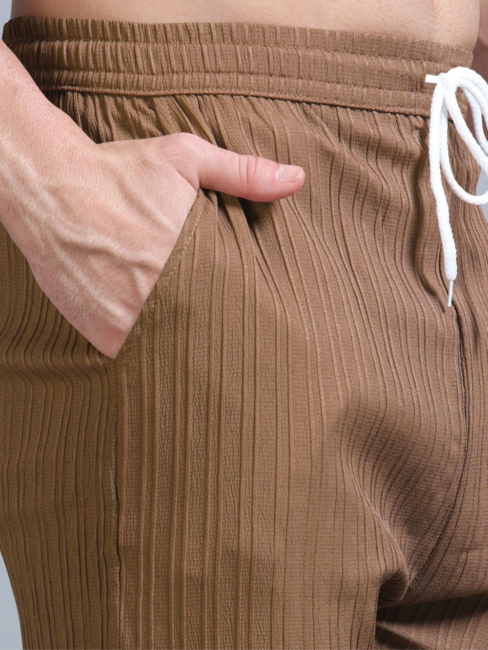 Close-up of Men’s Luxe Ribbed Drawstring Shorts in Brown – Pocket Detail