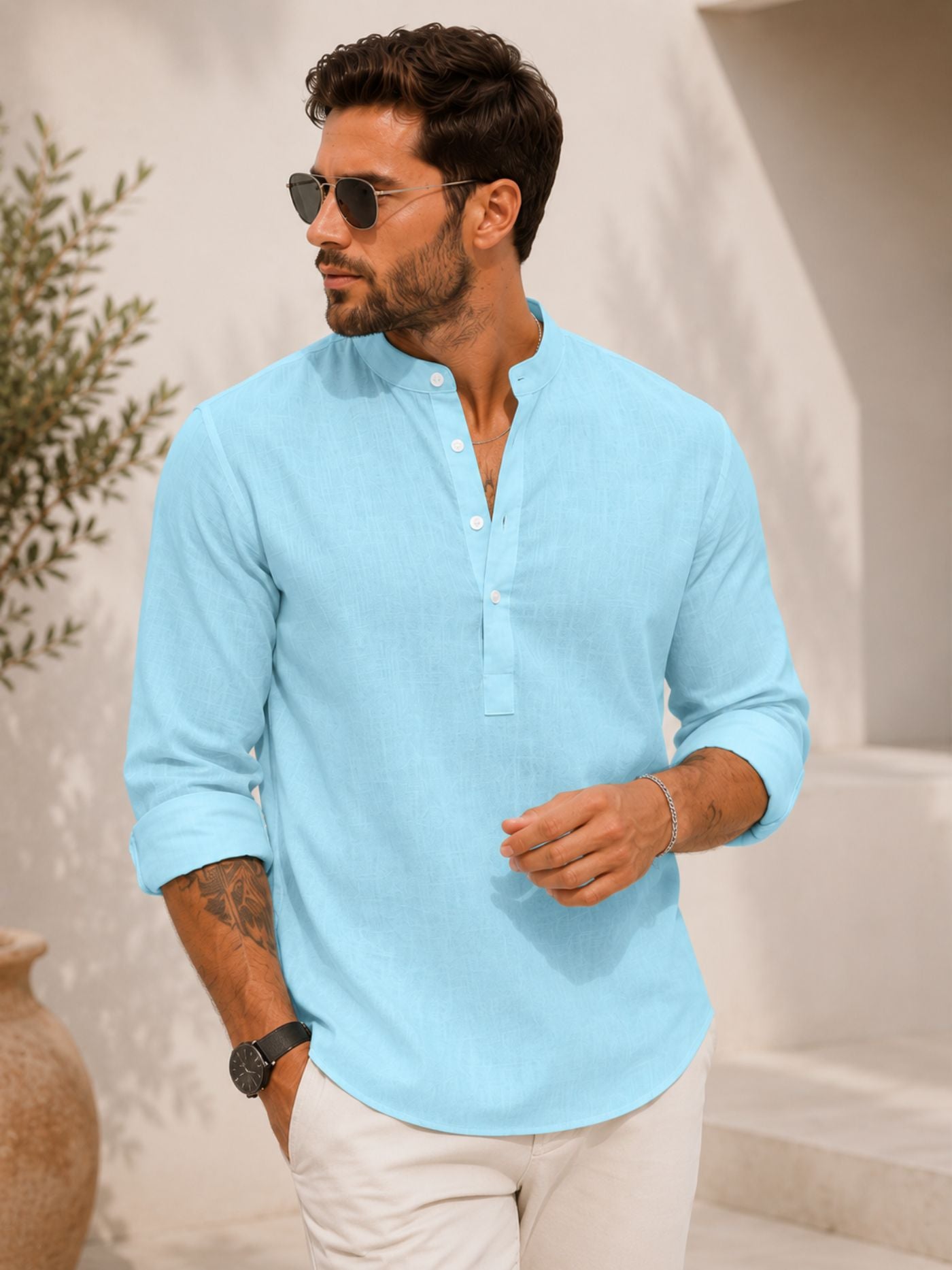 Azure Breeze Sky Blue Mandarin Collar Shirt for Men with Linen Feel Texture, White Trousers and Loafers Styling for Summer Resort Wear.