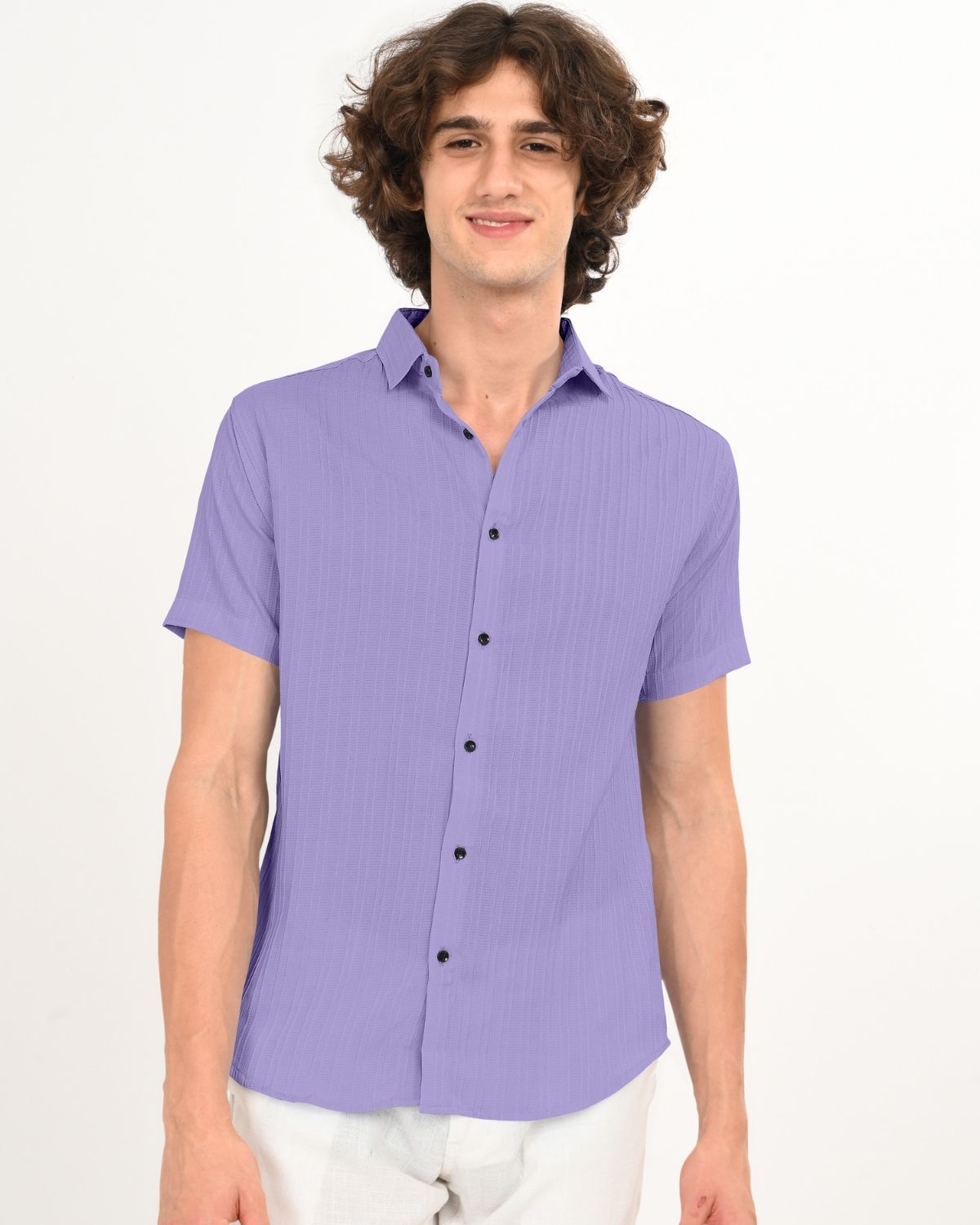Front facing lavender textured short-sleeve shirt for men