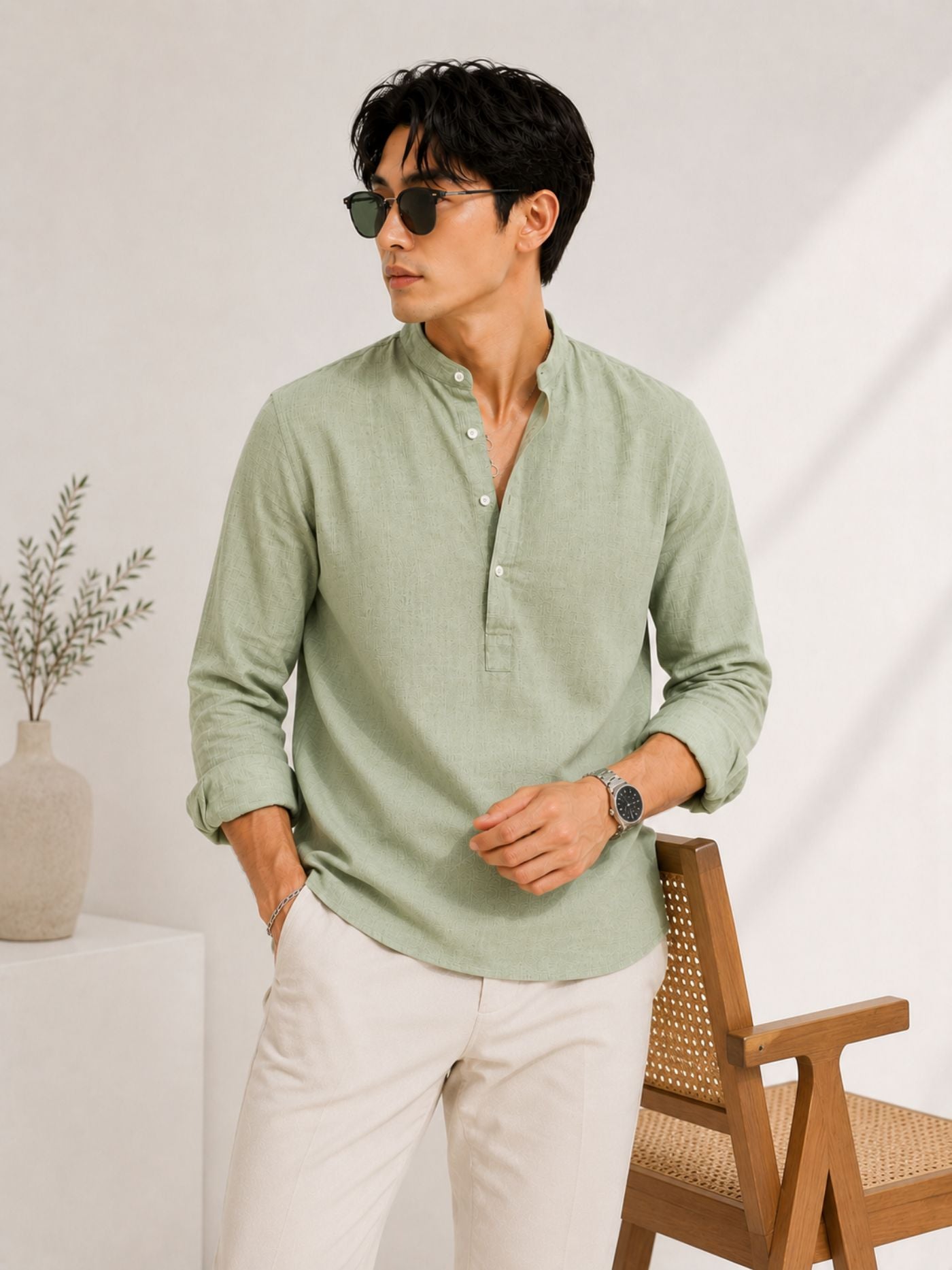 Linen Look Sage Green Shirt for Men