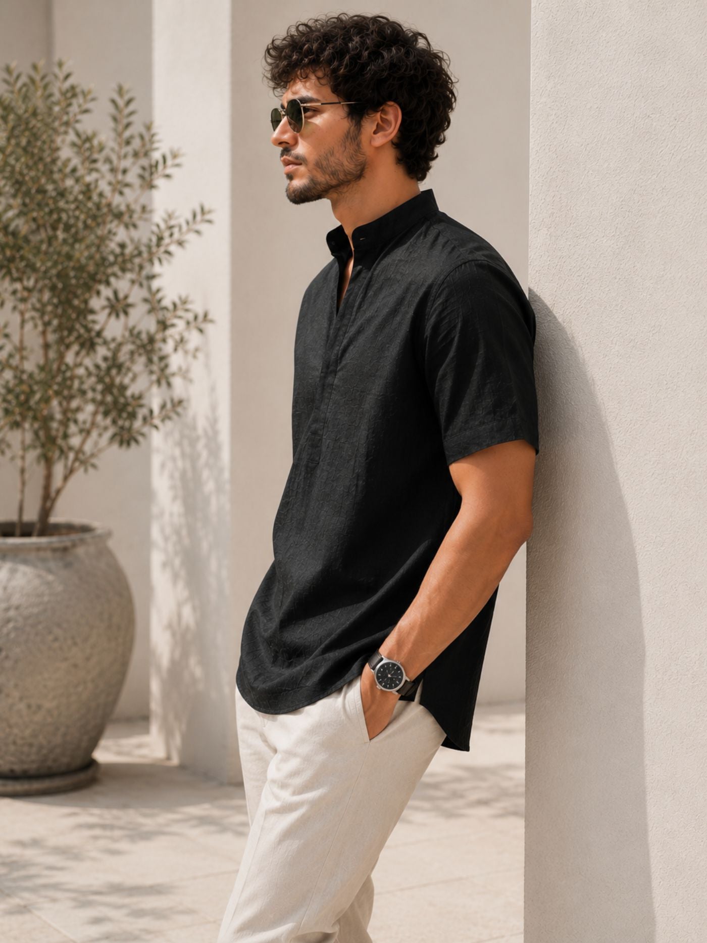 Luxury Black Mandarin Collar Shirt for Men