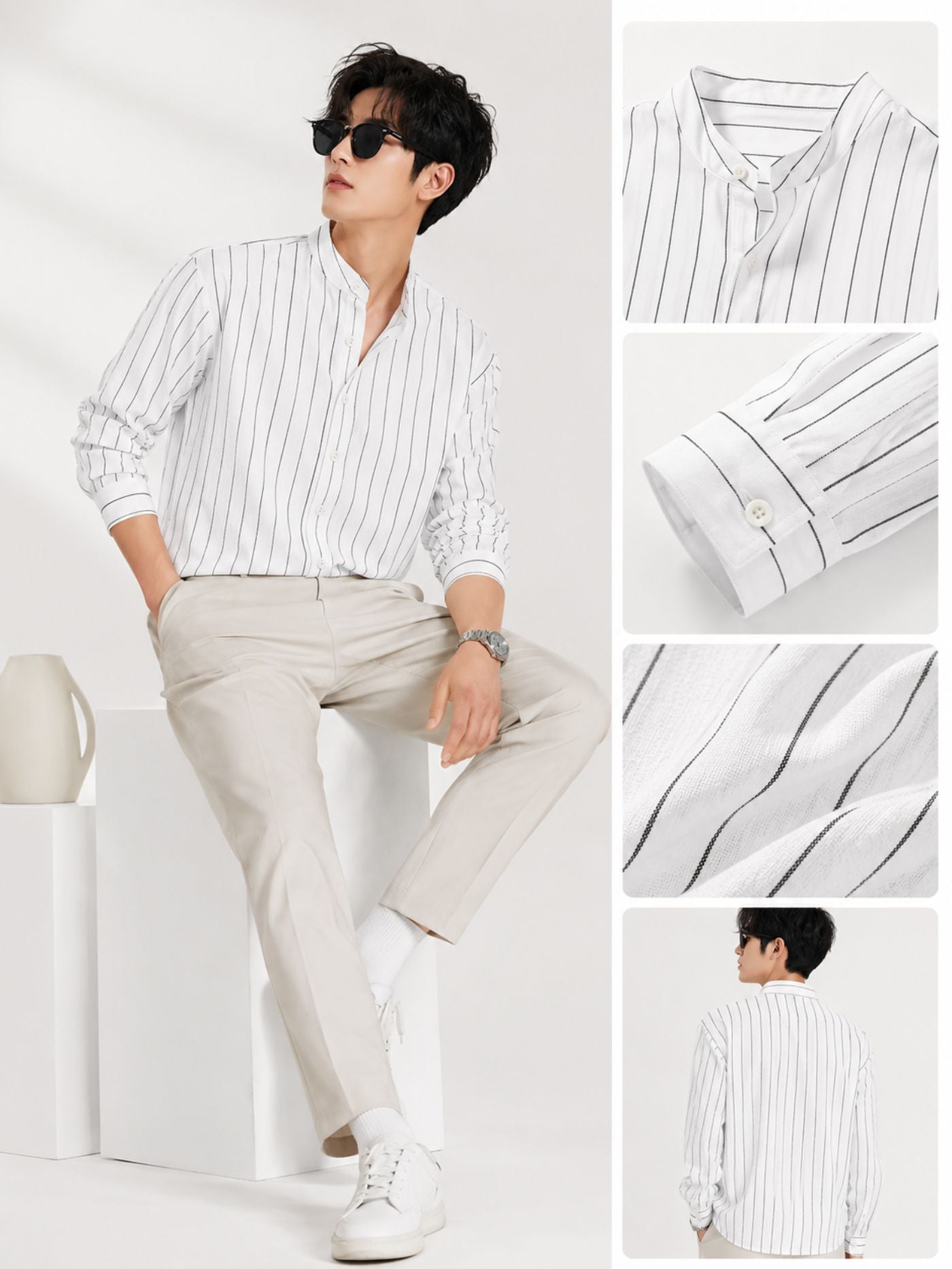 Mandarin Collar Detail of The Rajwada Pinstripe Kurta Shirt White