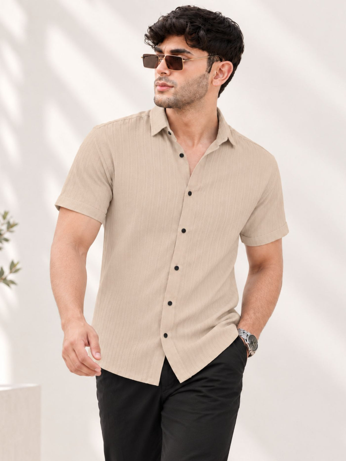 solid textured casual shirt for men