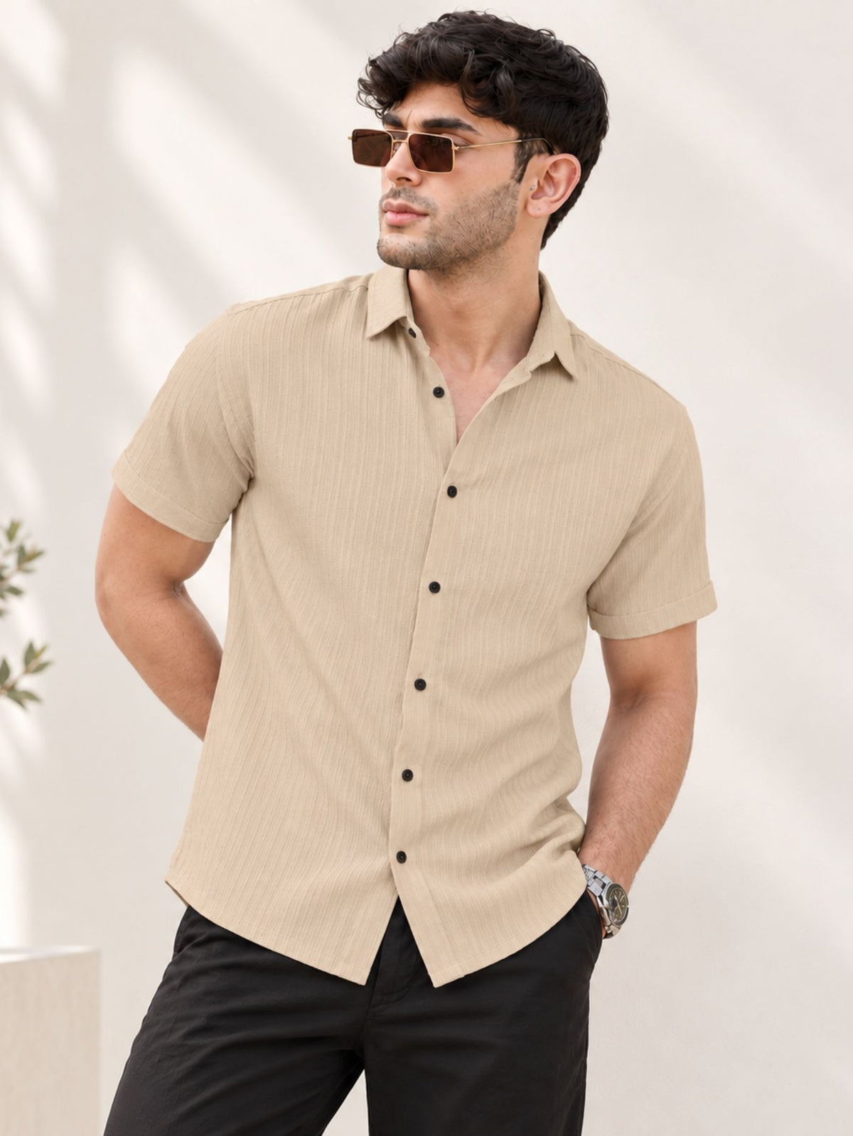 beige textured shirt for men