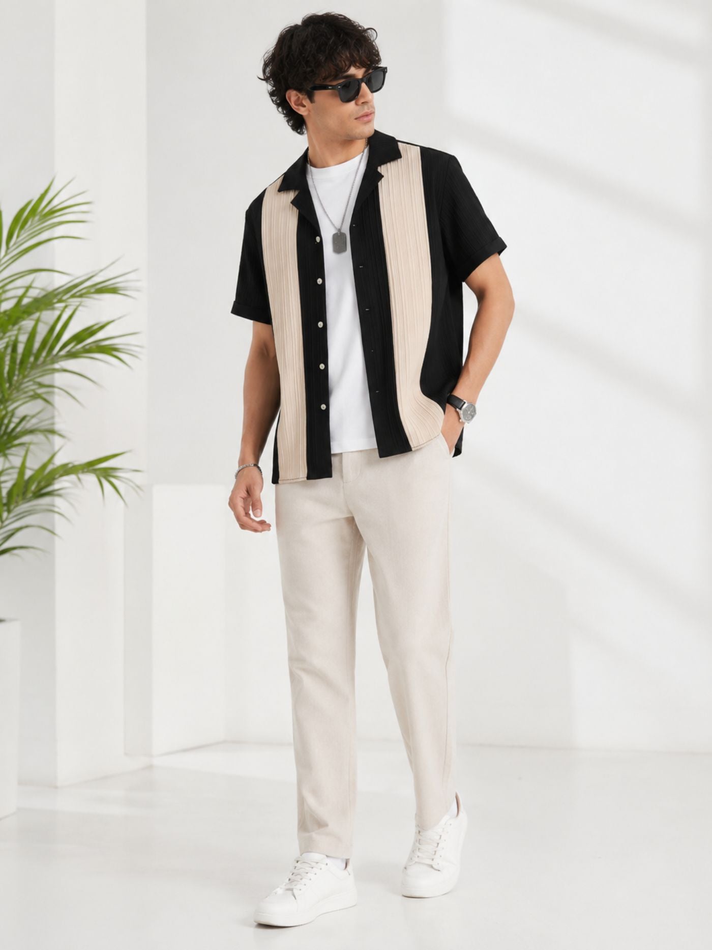 Men’s Black and Sand Contrast Shirt full-length standing view