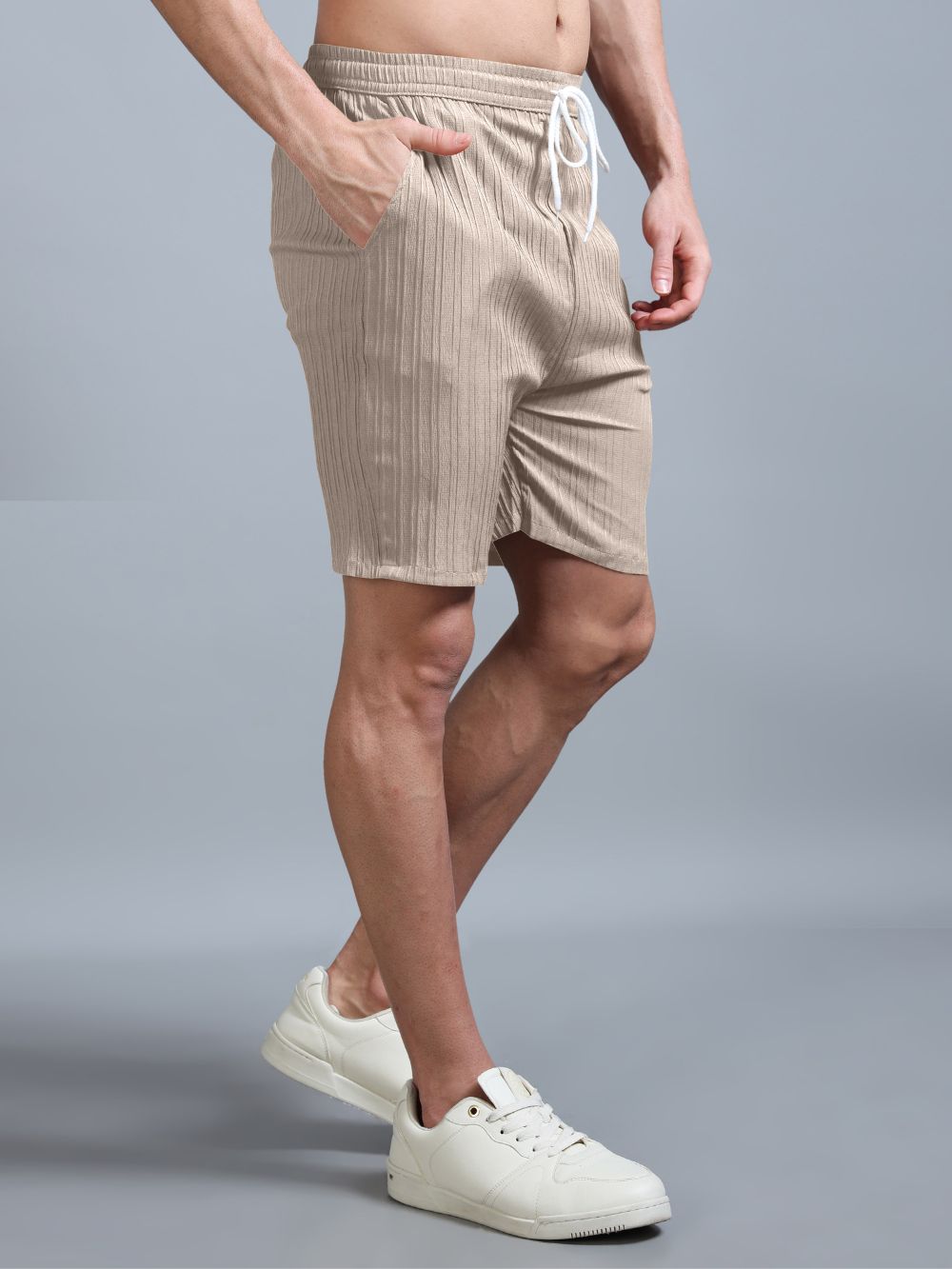 Men’s Luxe Ribbed Drawstring Shorts in Beige – Front View