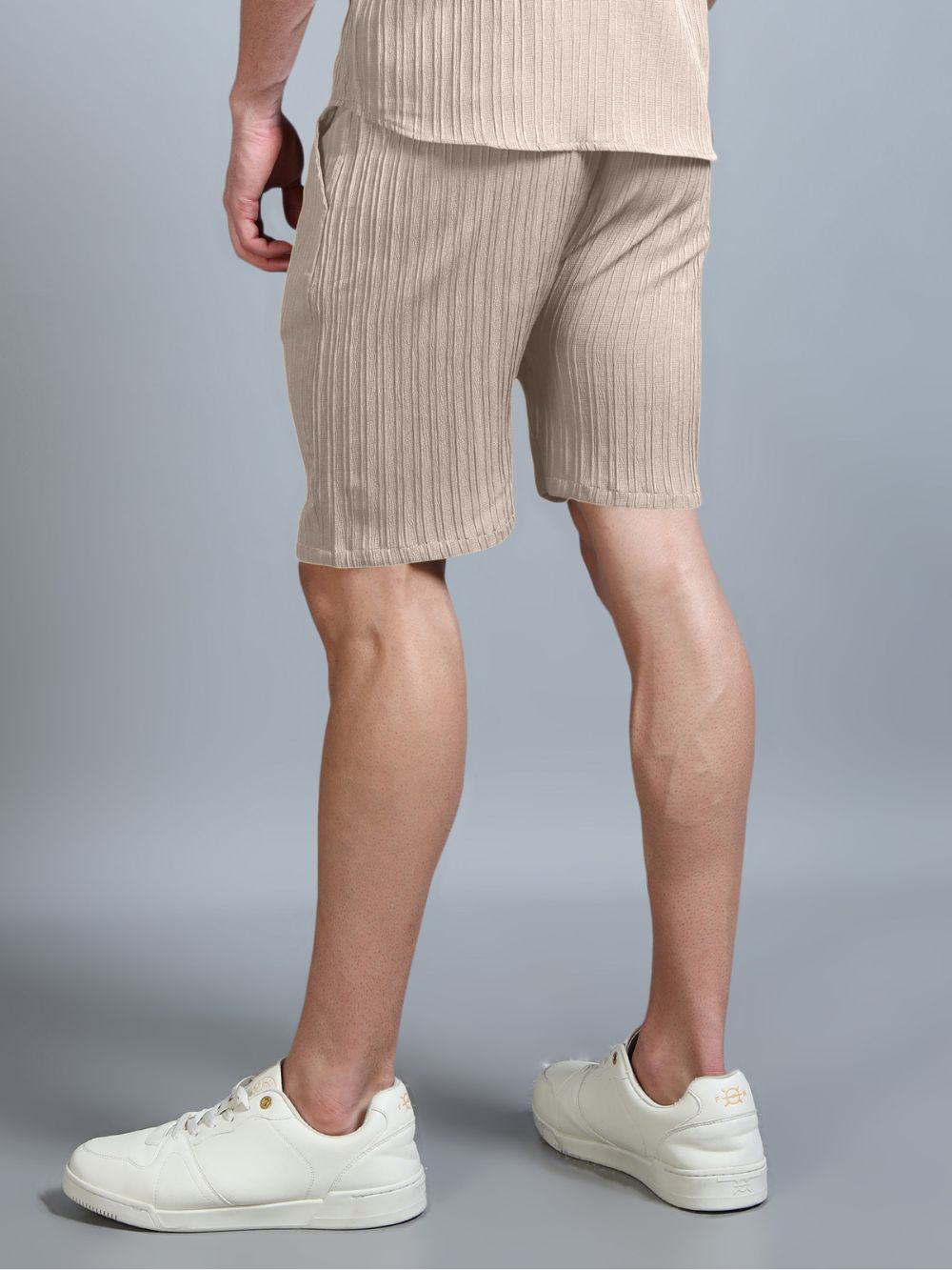 Men’s Luxe Ribbed Knit Shorts in Beige with Drawstring Waist – Back View