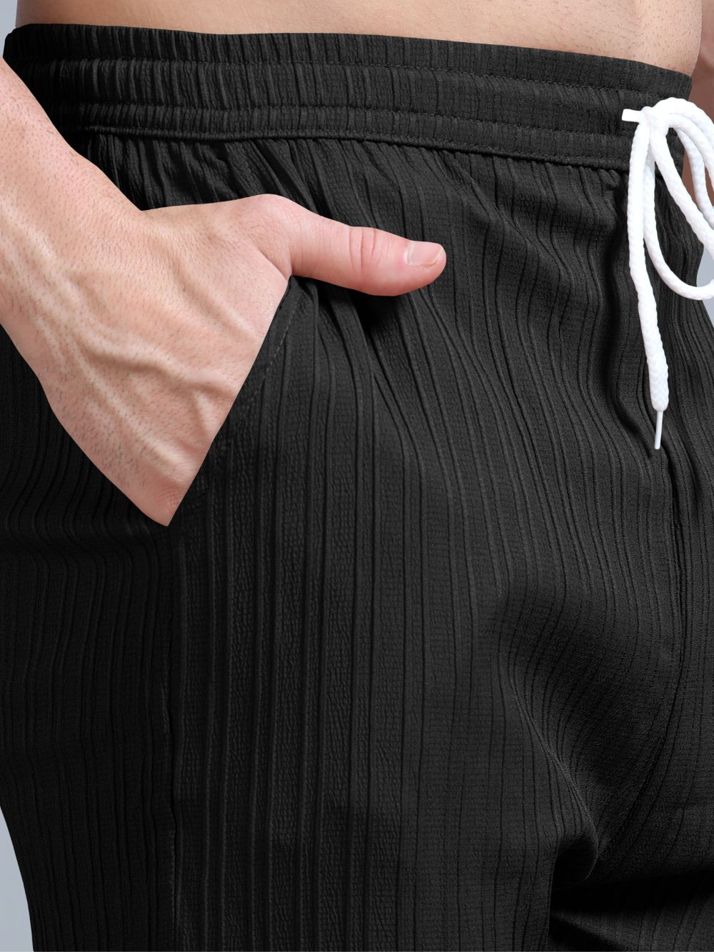 Men’s Luxe Ribbed Knit Shorts in Black with Drawstring Waist – Side Angle