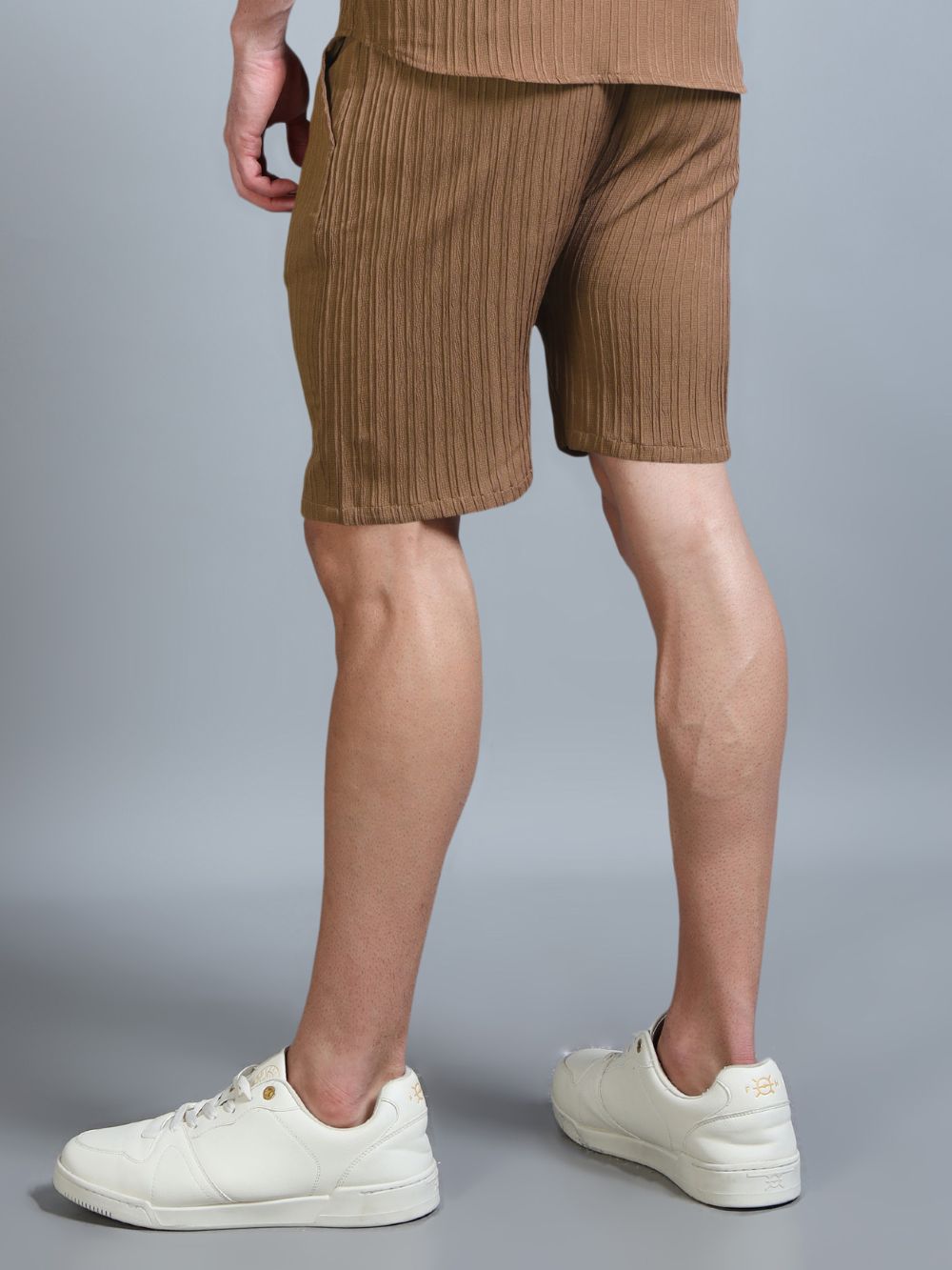 Men’s Luxe Ribbed Knit Shorts in Brown with Drawstring Waist – Back View
