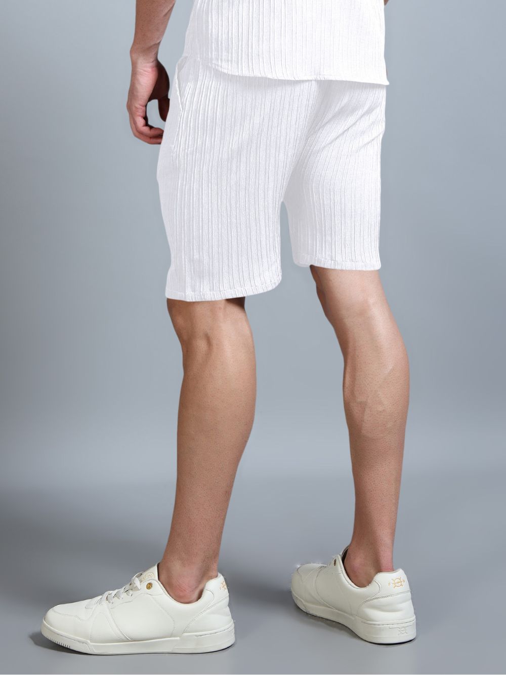 Men’s Luxe Ribbed Knit Shorts in White with Drawstring Waist – Back View