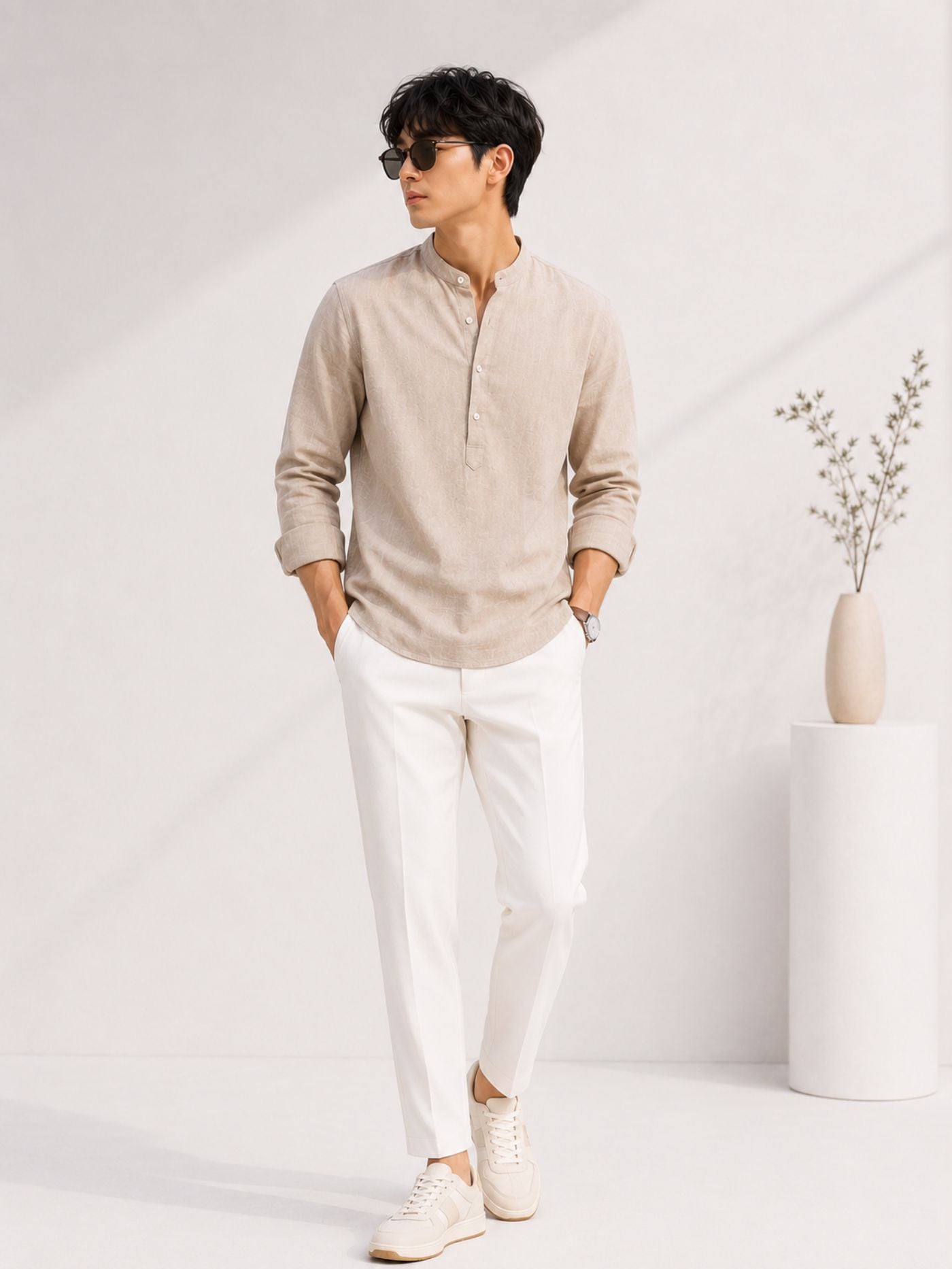 Men's Premium Beige Cotton Kurta Shirt Seated Studio Fashion Shoot