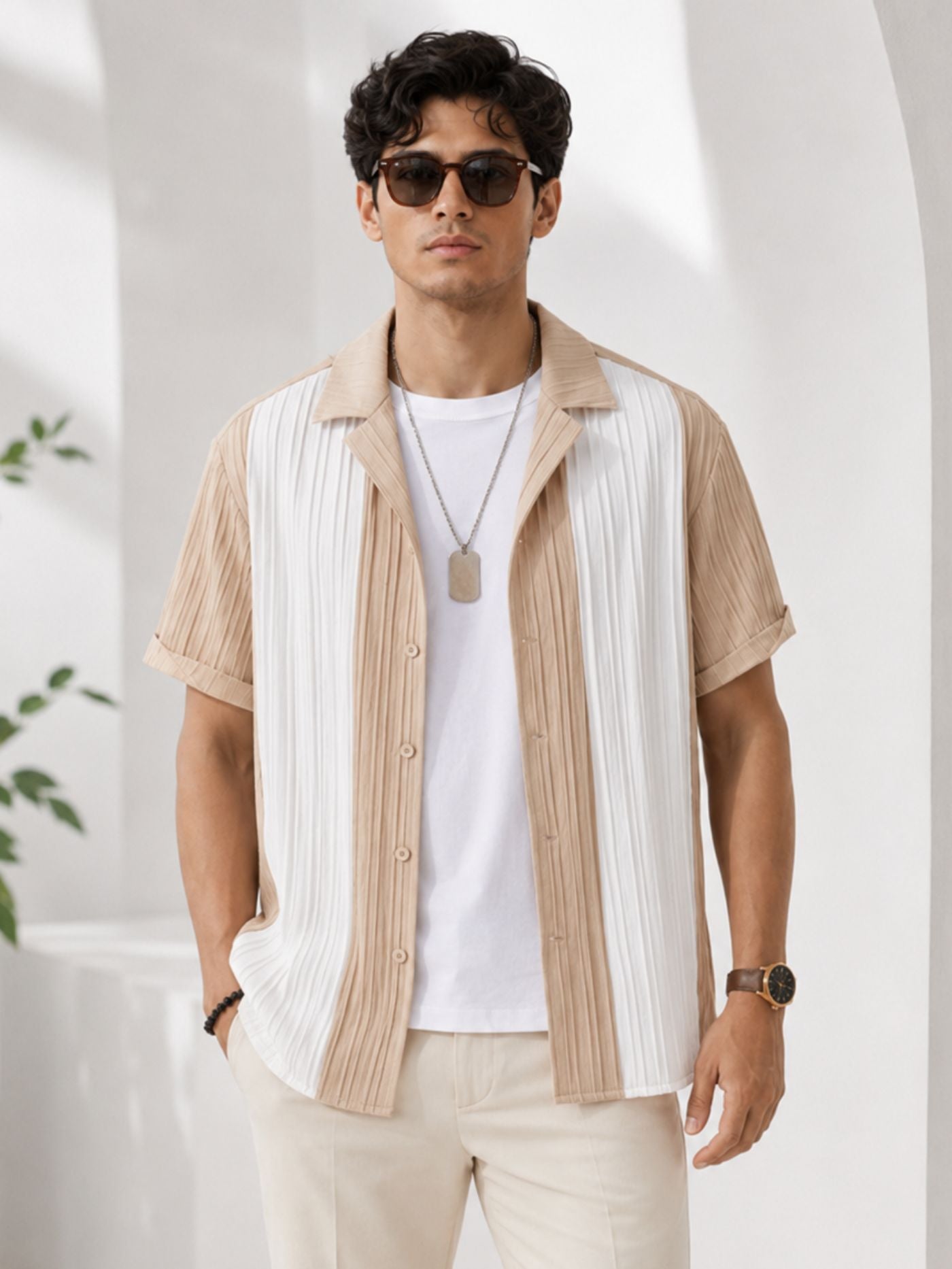 Men’s Sand and Pearl Textured Performance Shirt front view