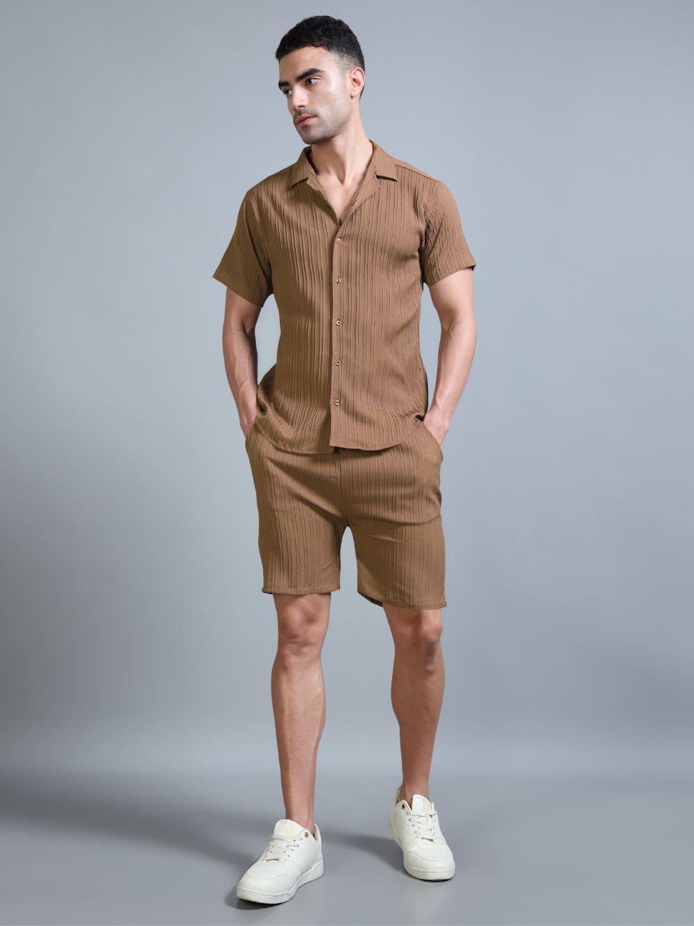 Men’s Terracotta Glow co-ord set, front view with shirt and shorts