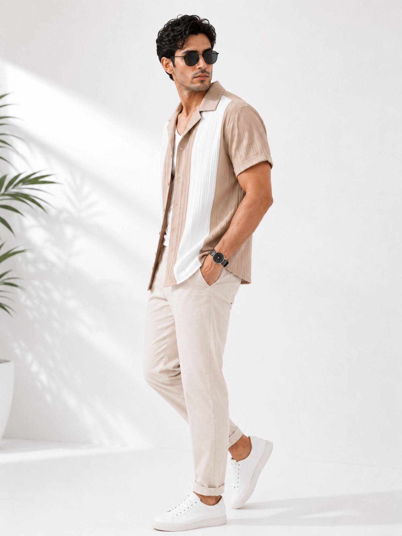 Men’s Veyra Contrast Performance Shirt Sand and Pearl side view