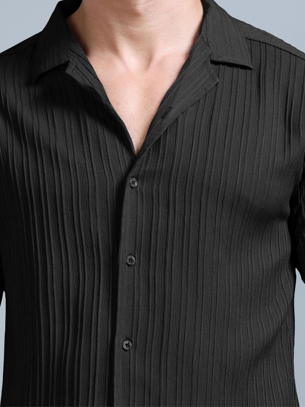 Men’s black crinkle button-down shirt, Lunar Eclipse co-ord