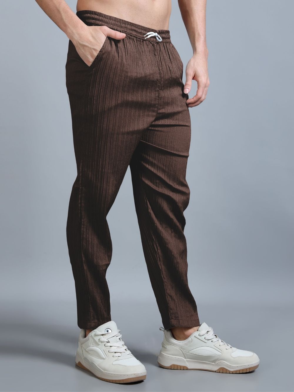 Men’s brown cord pants with elastic waist