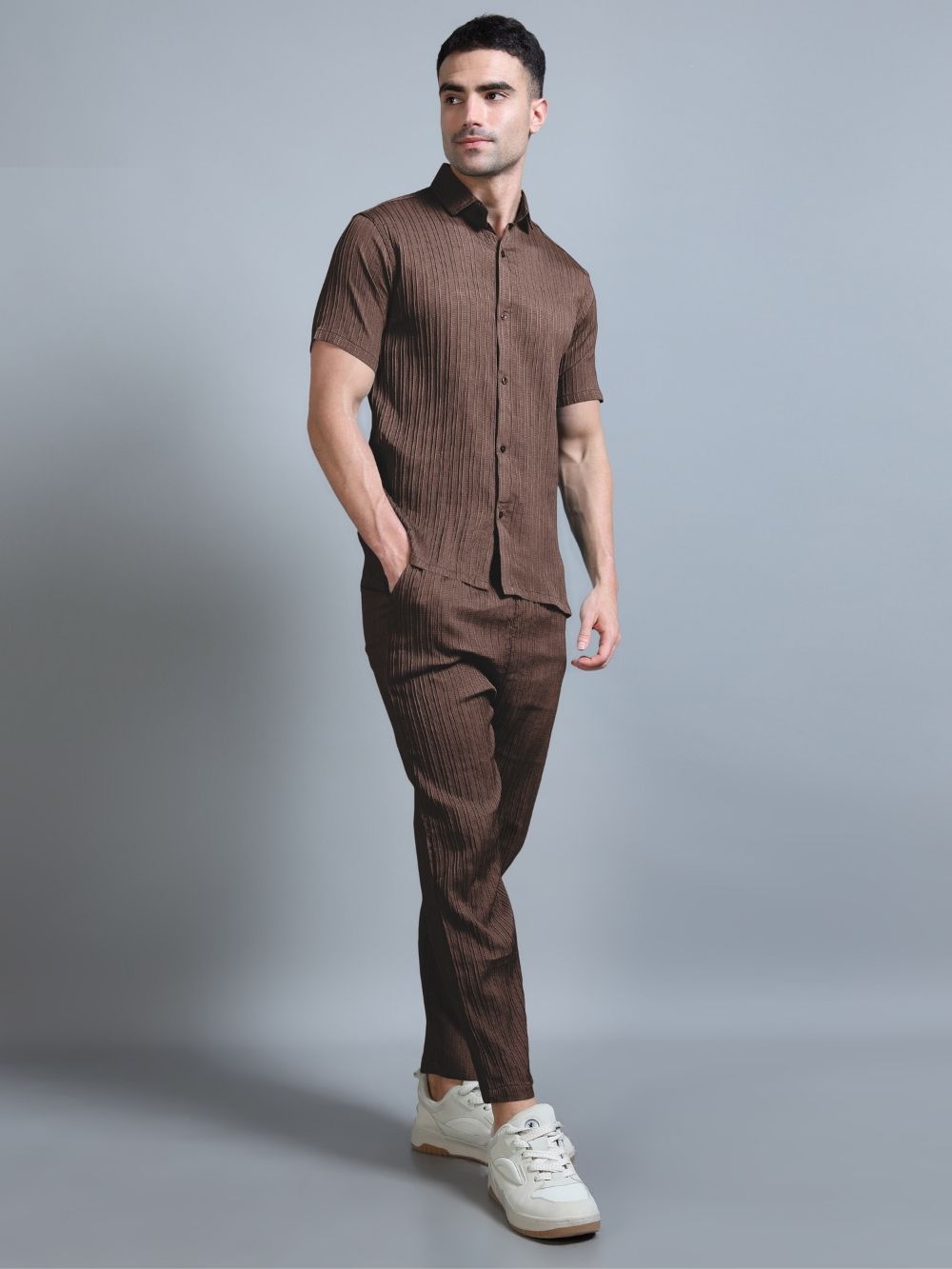 Men’s brown cord set side view