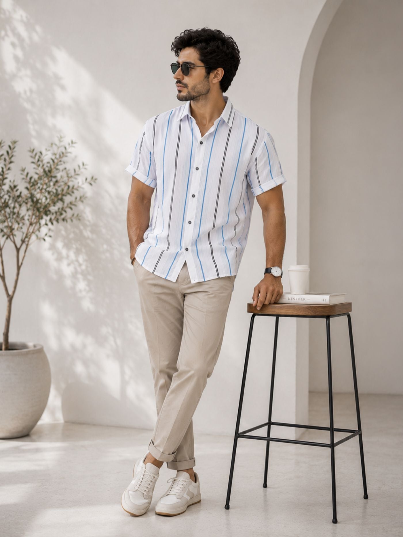 Men’s classic casual half sleeve shirt with vertical stripes