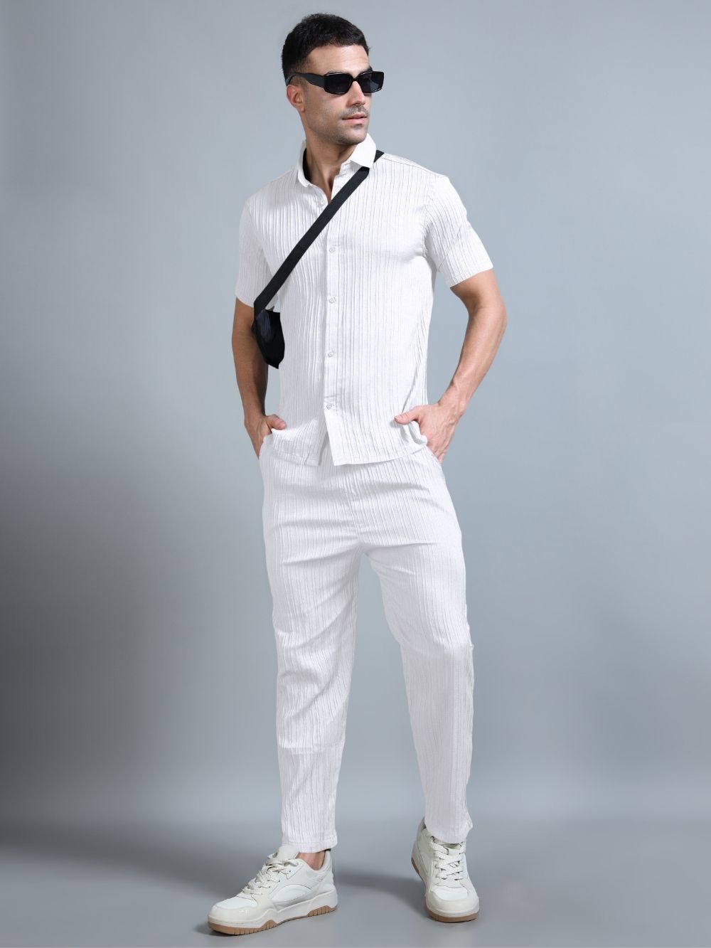 Men’s ivory white cord set angled pose
