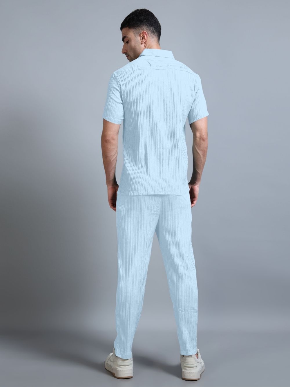 Men’s sky blue cord set back view
