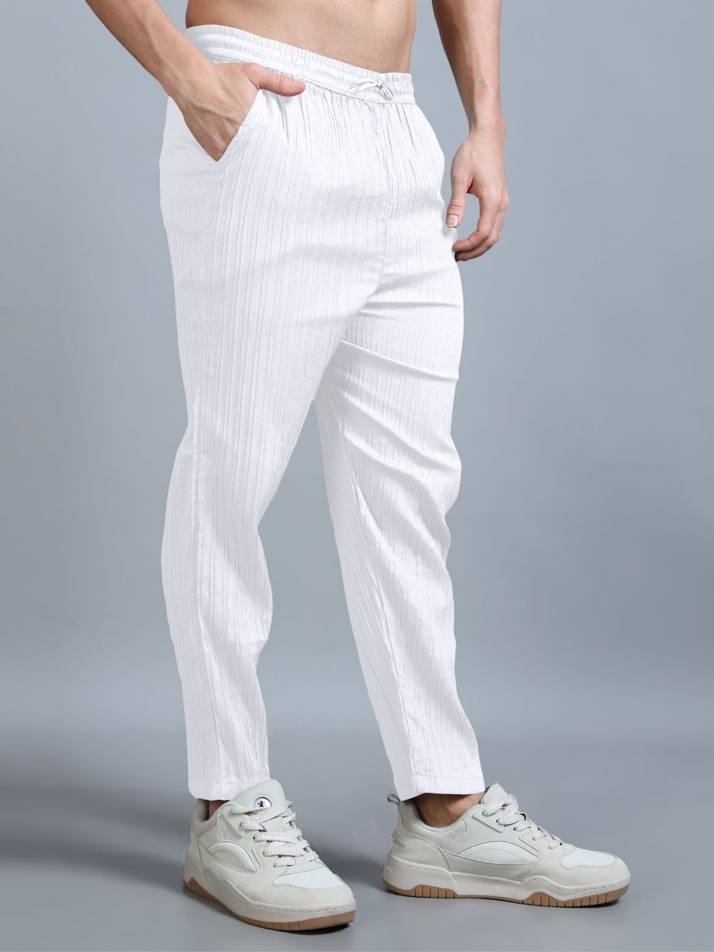 Men’s white cord pants with elastic waist
