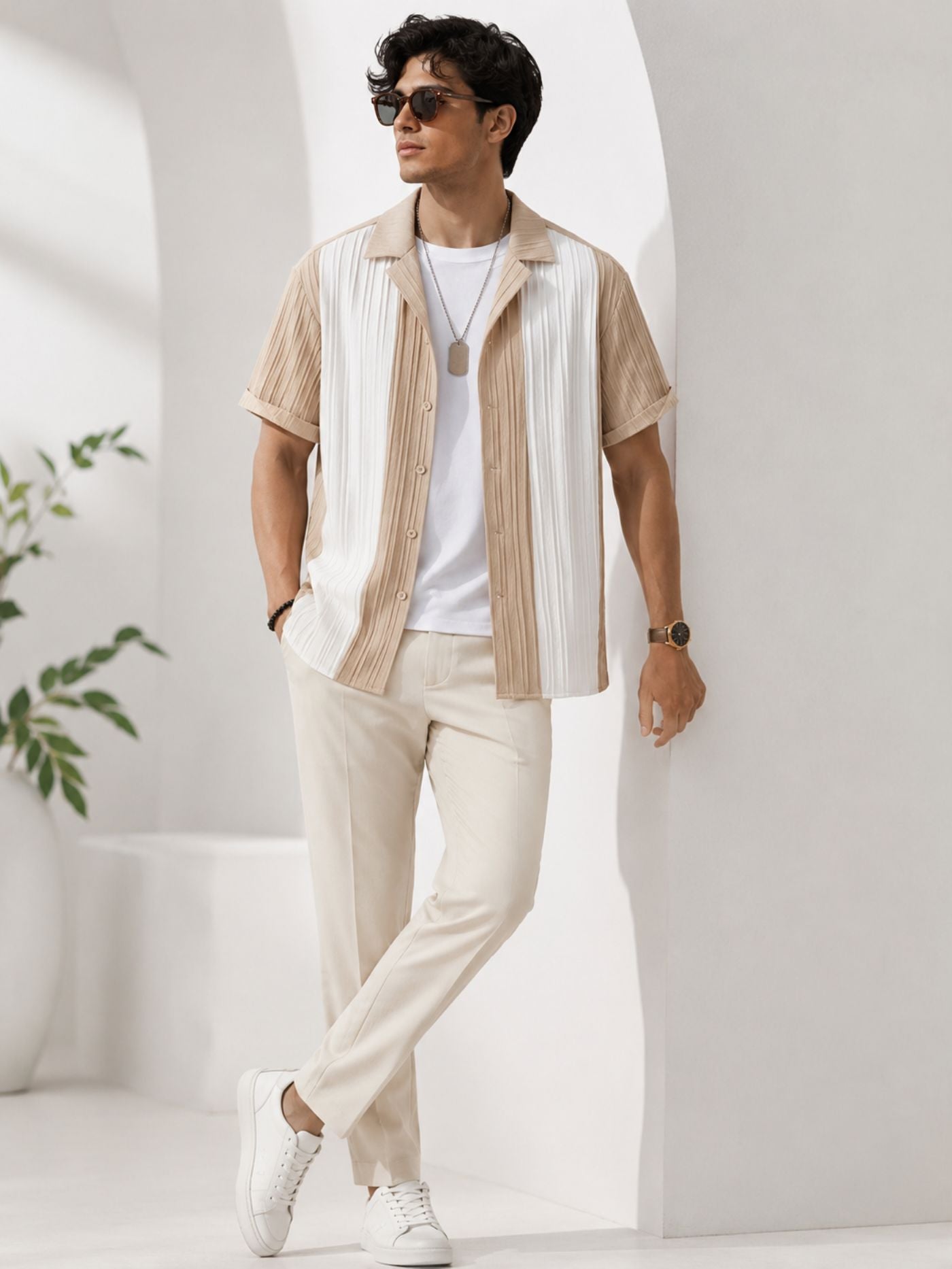 Men wearing Veyra Sand and Pearl Contrast Shirt full-length front view