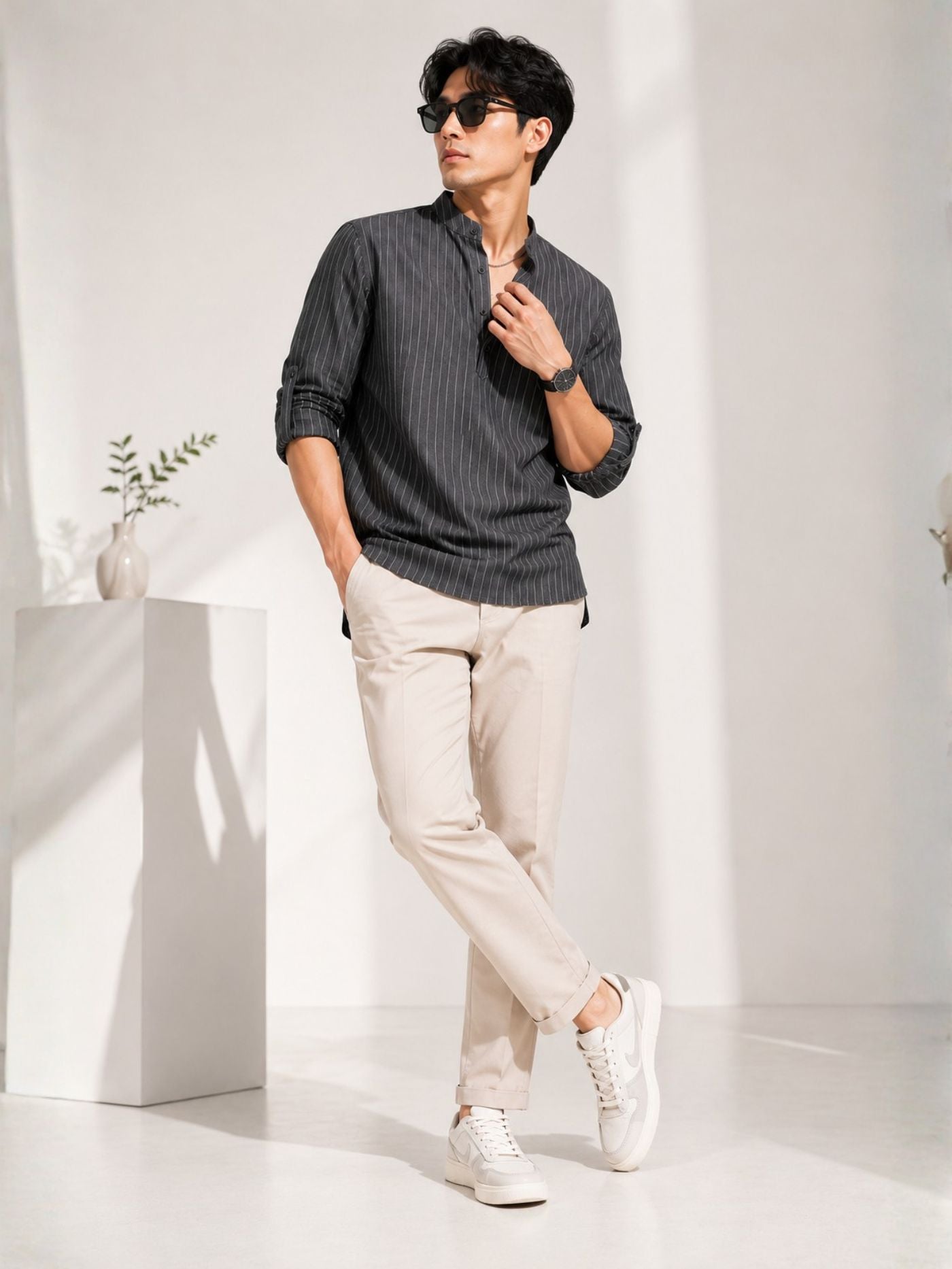 Model Wearing The Rajwada Pinstripe Kurta Shirt Charcoal Grey with Beige Trousers