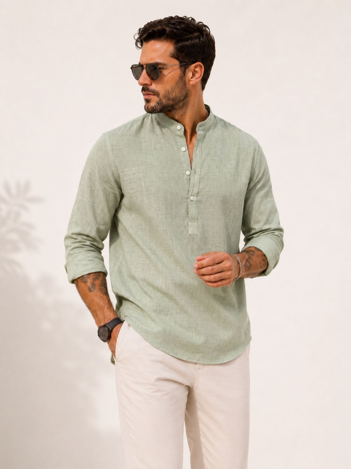 Modern Mandarin Collar Sage Green Shirt