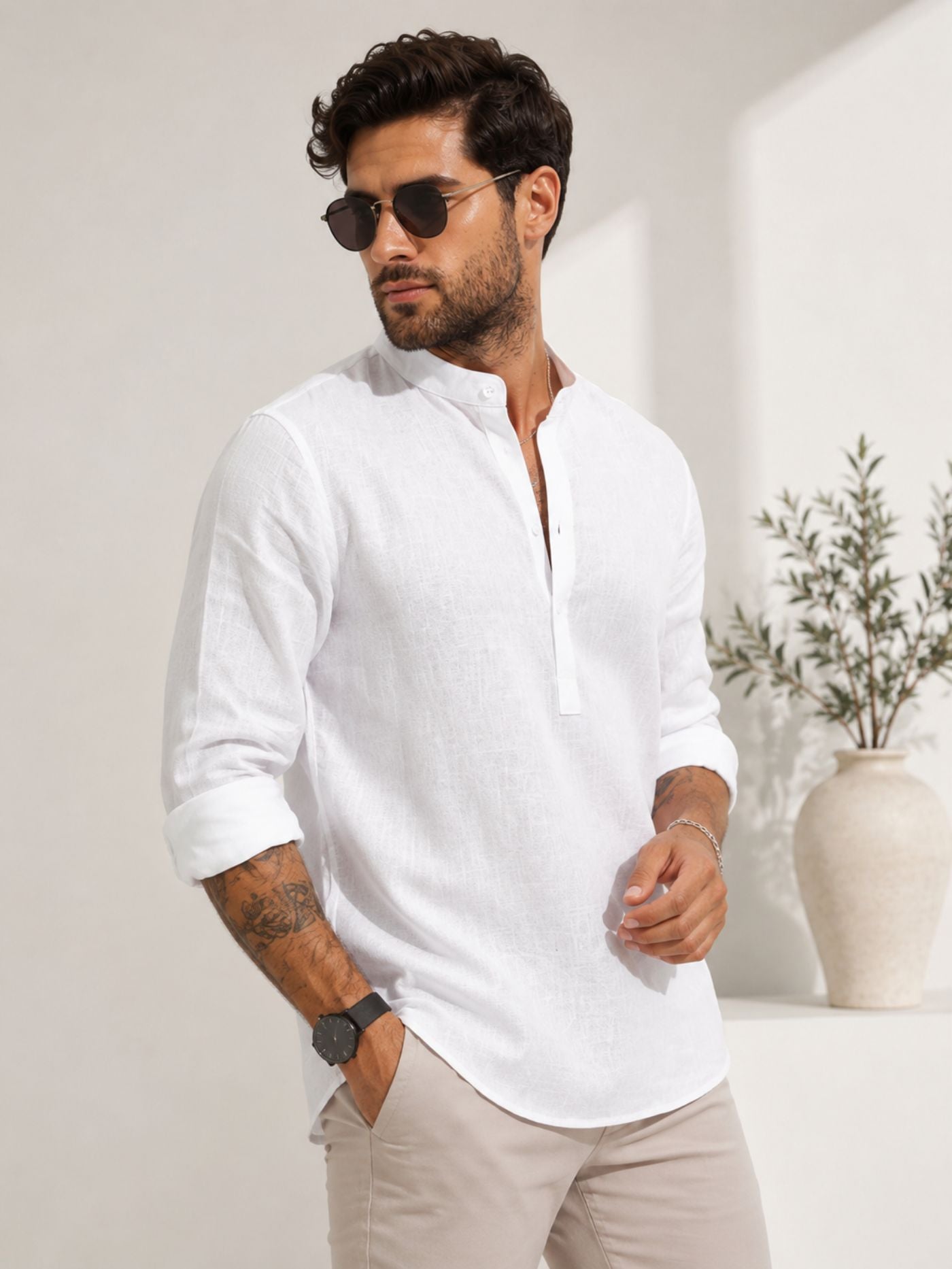 Arctic Breeze White Mandarin Collar Shirt for Men in Linen Feel Textured Fabric with Beige Trousers and Loafers