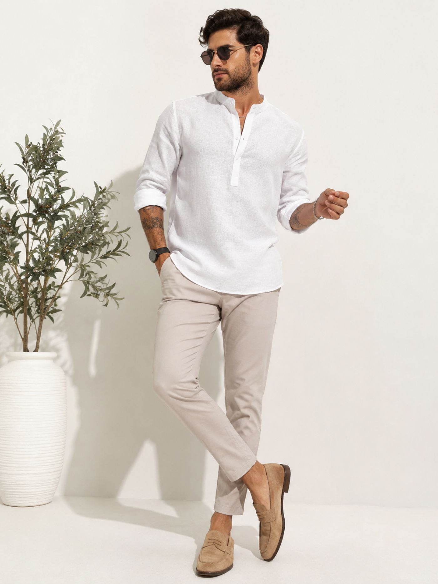 White Mandarin Collar Shirt for Men