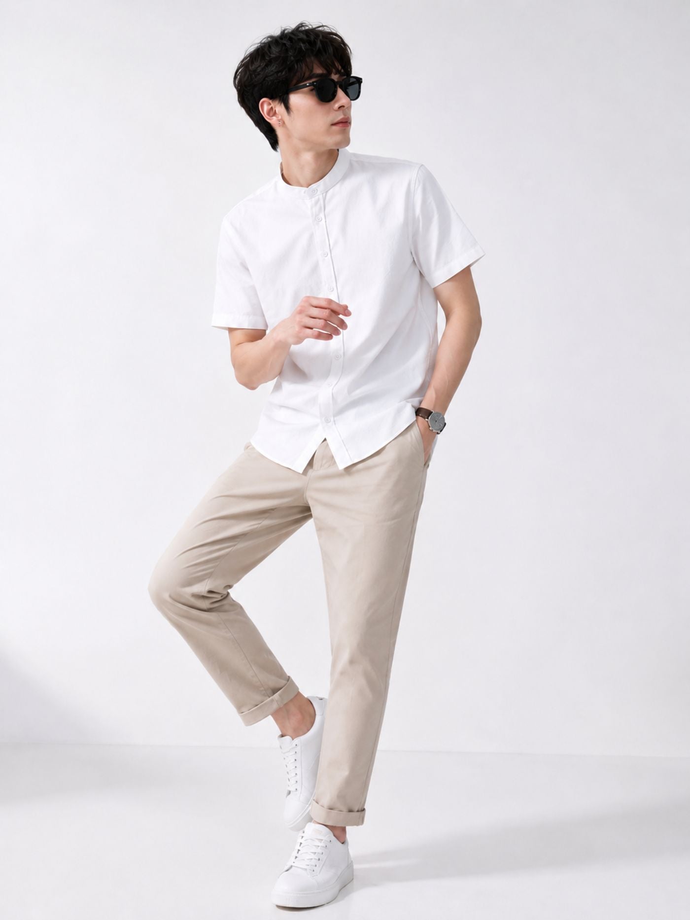 Premium white half sleeve shirt with mandarin collar styled for modern menswear