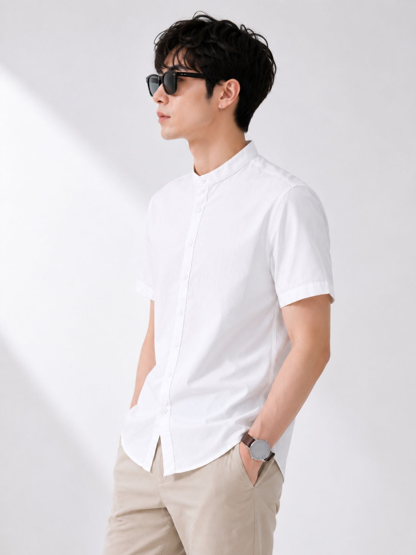 Pure White mandarin collar half sleeve shirt side profile for men