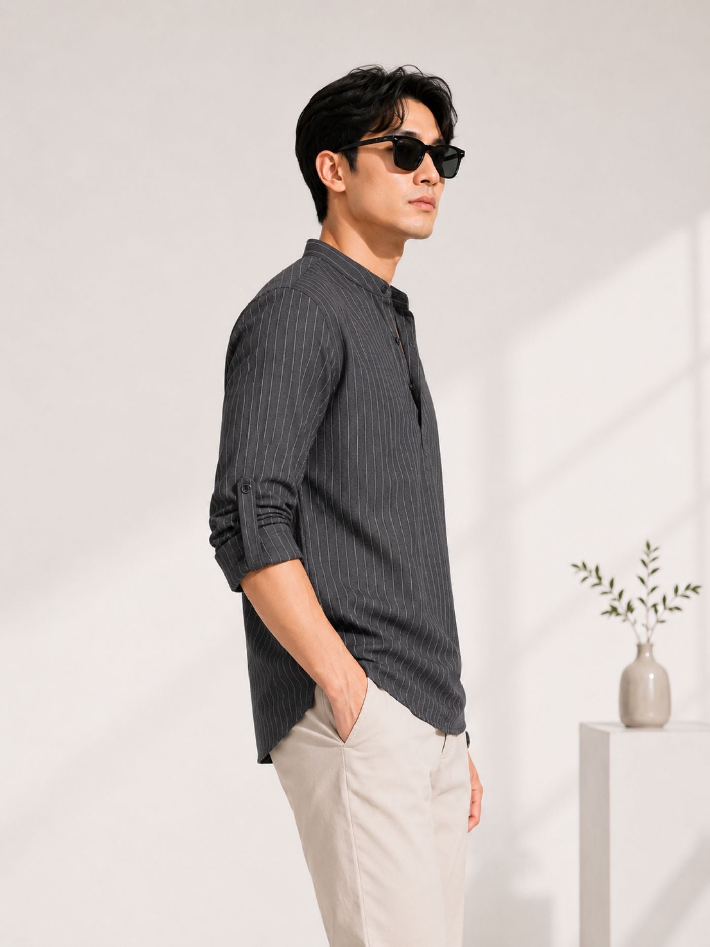 Side Profile of The Rajwada Pinstripe Kurta Shirt Charcoal Grey