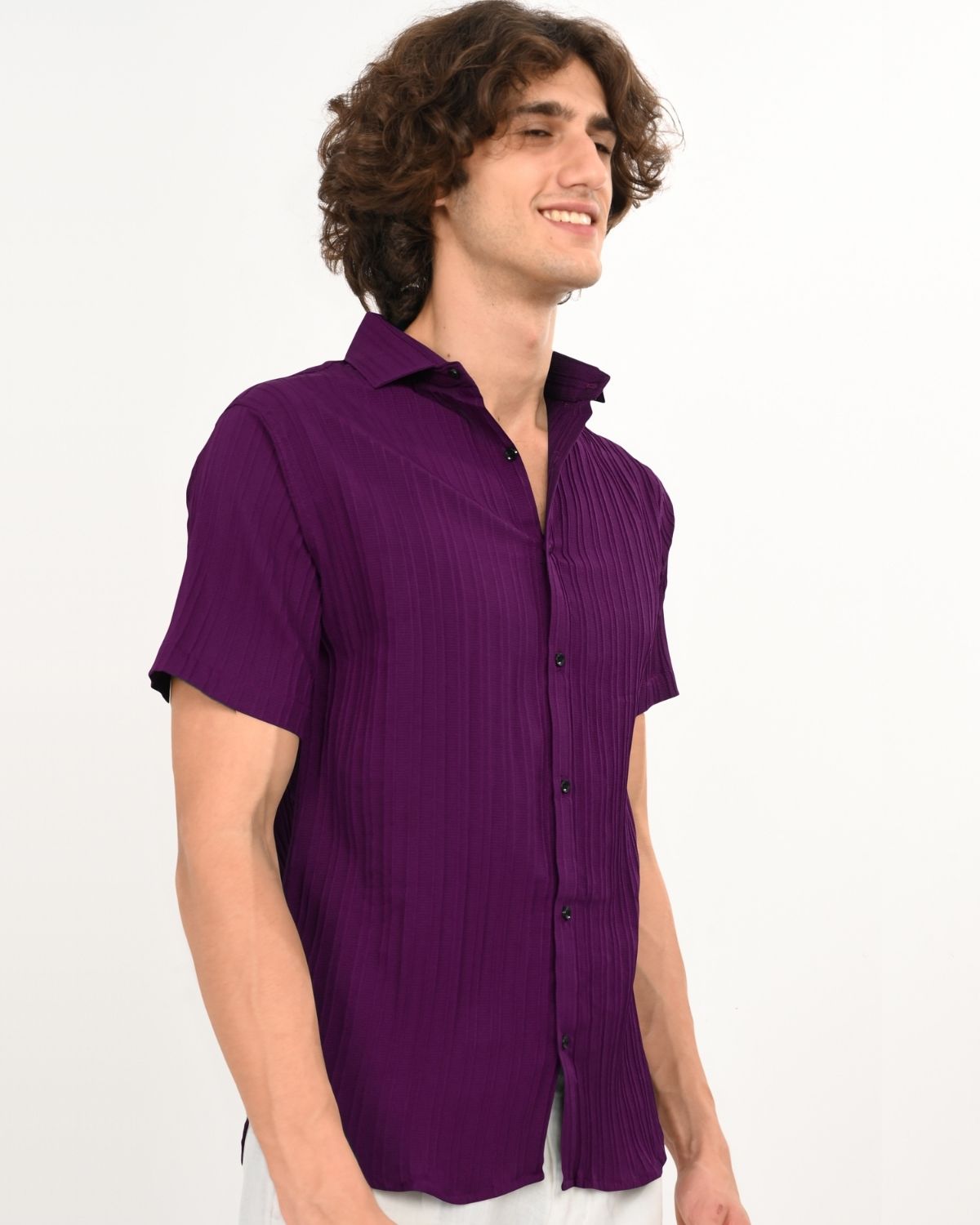 Side view of Royal Plum short-sleeve shirt