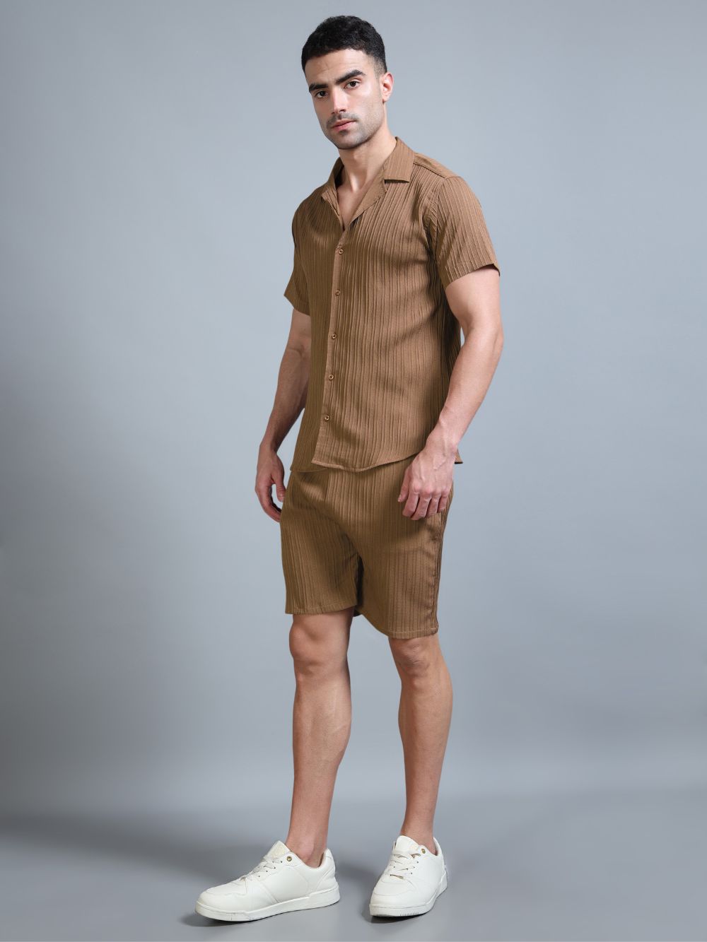 Terracotta Glow men’s co-ord set in brown crinkle fabric, side angle